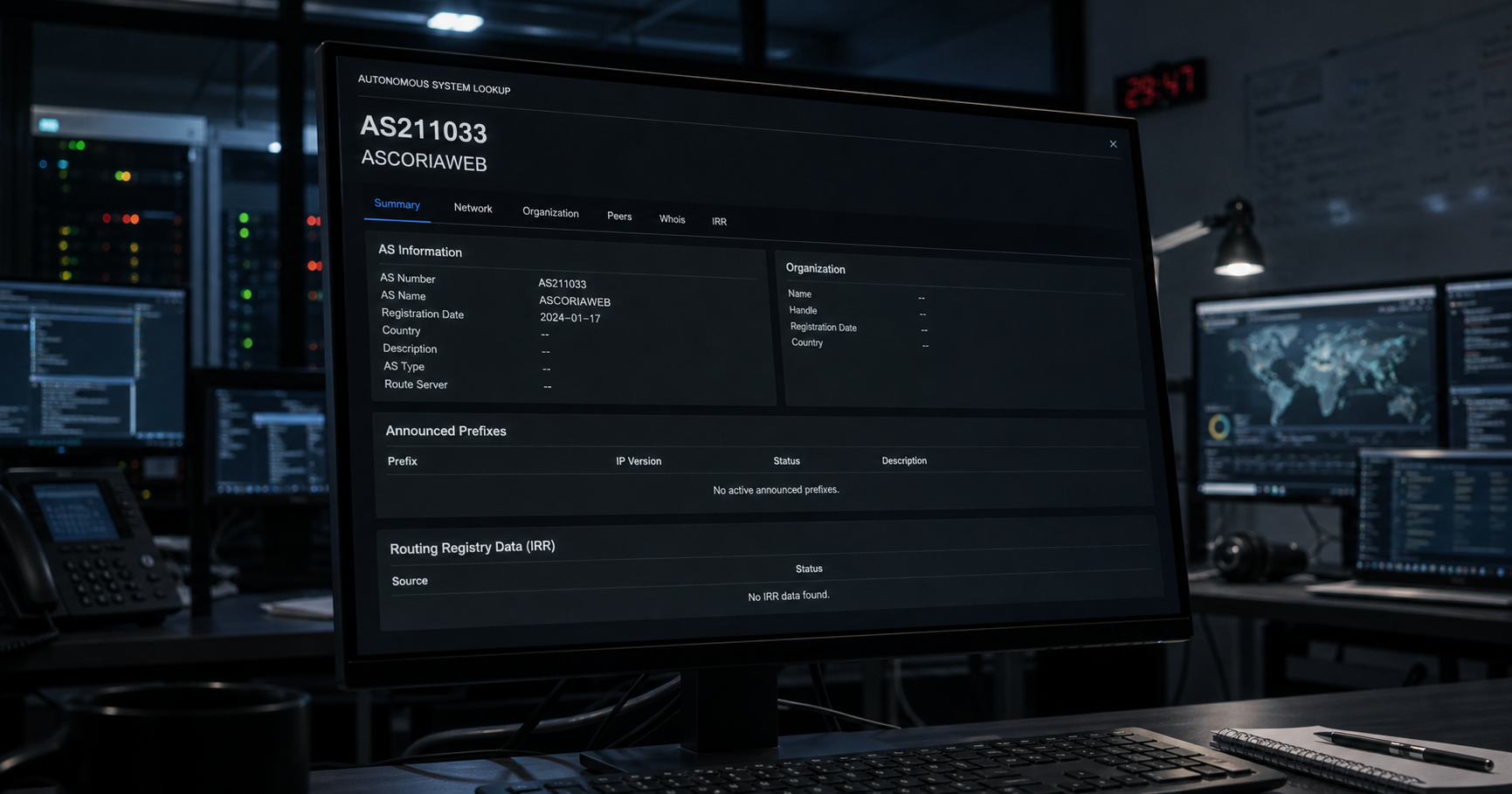 A dimly lit network operations center with a large screen showing the ASCORIAWEB registry entry for AS211033.