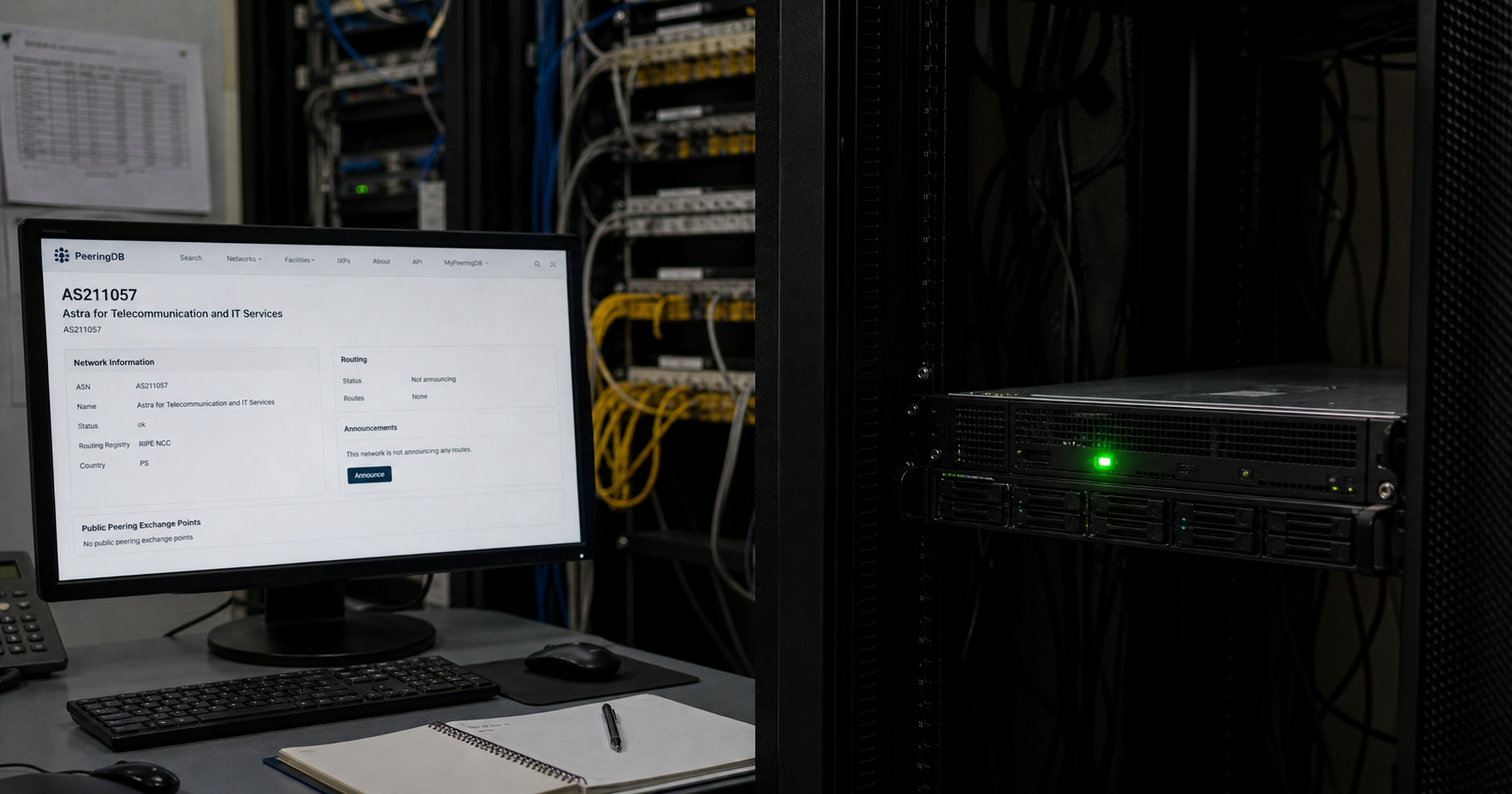 A symbolic representation of Astra's dormant network status: a darkened server room with a single illuminated server and a monitor showing an inactive AS211057 PeeringDB entry.