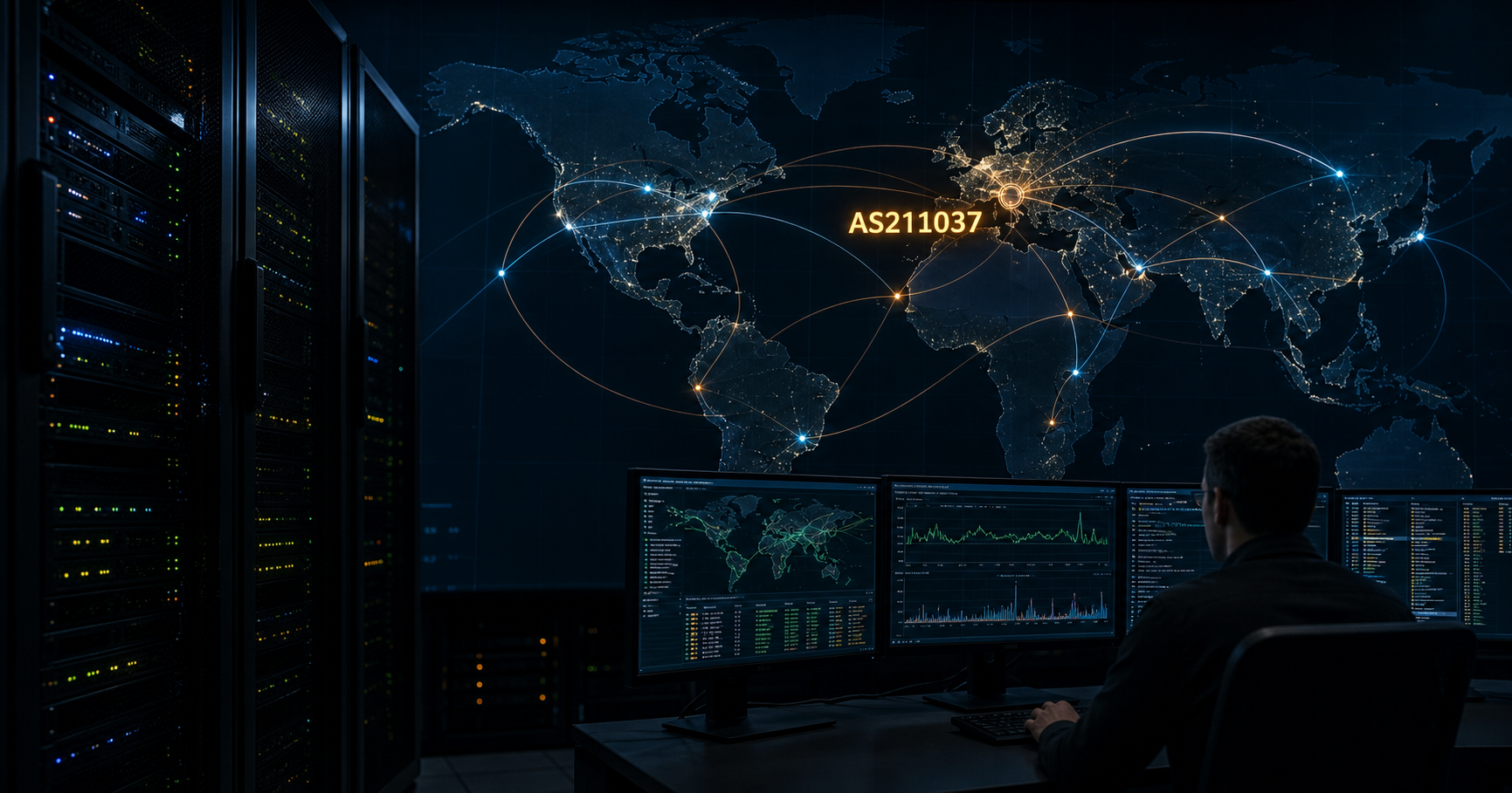 Editorial illustration of internet routing infrastructure linked to an autonomous system number, showing dark network map and peering lines.
