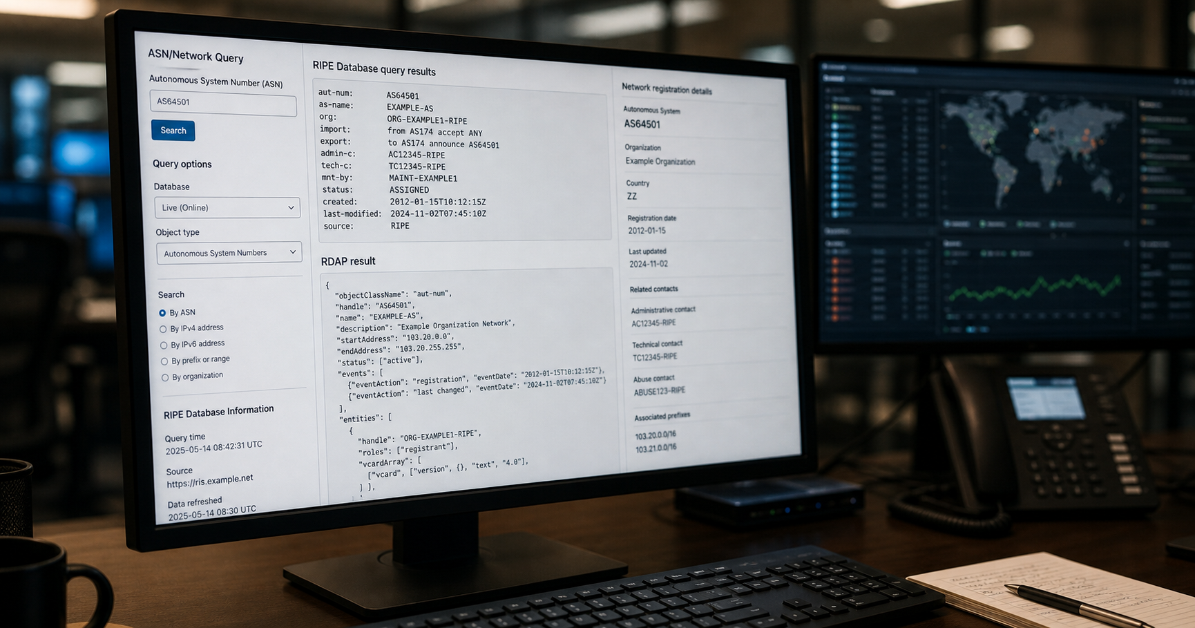 Digital illustration of a network operations center display showing a WHOIS/RDAP query interface with highlighted contact fields for an ASN record, emphasizing registry accuracy.