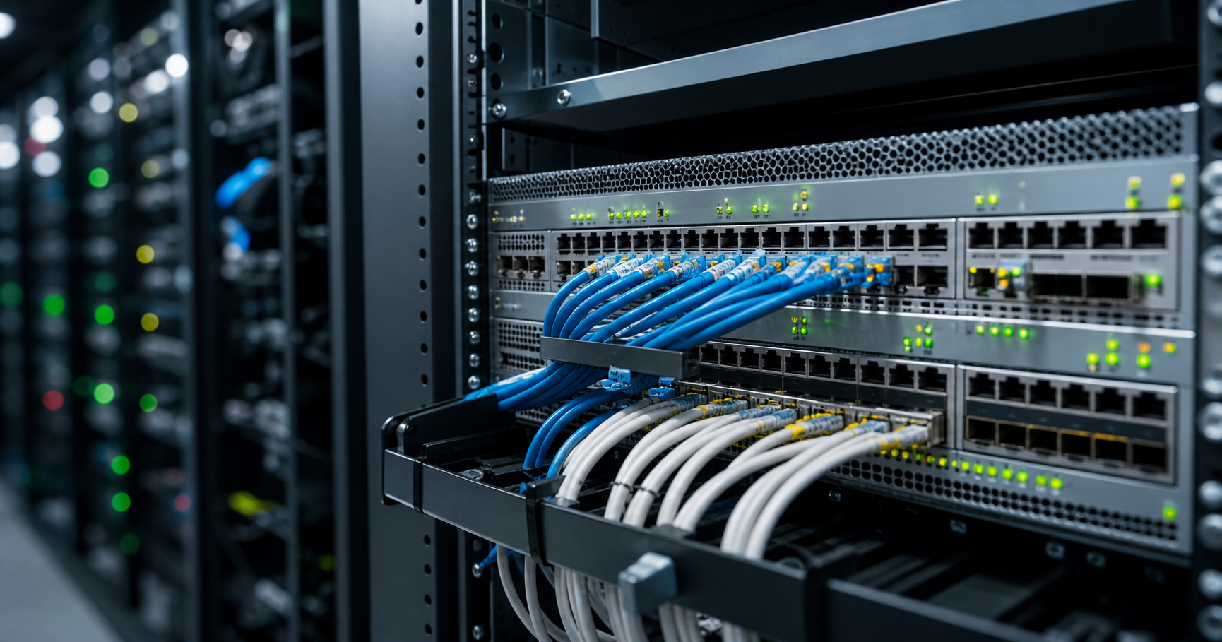 Close-up of a network switch in a datacenter with blinking lights and subtle registry code overlays, overlaid on a world map.