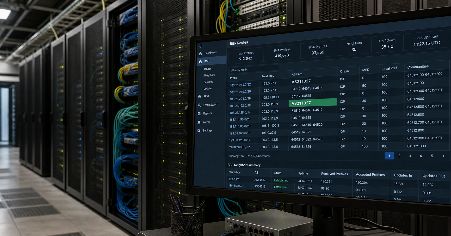 A dimly lit server room with racks of networking equipment, screens displaying BGP routing tables and ASN 211027 highlighted, a printed RIPE document visible on a desk.