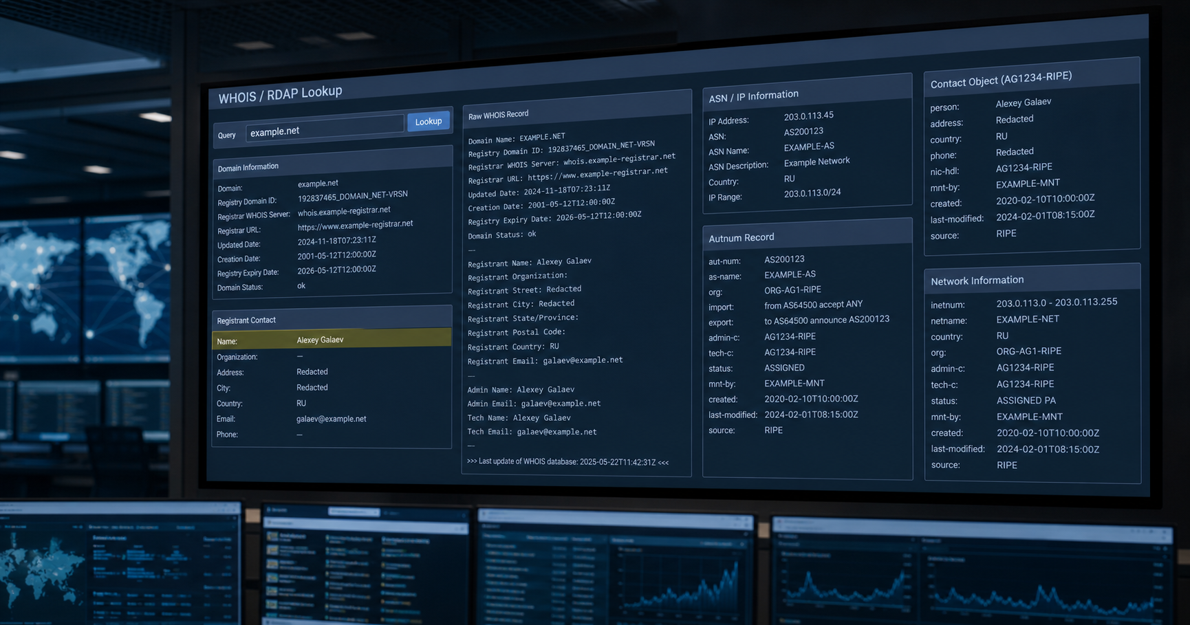 Abstract illustration of a network registry dashboard highlighting contact information fields.
