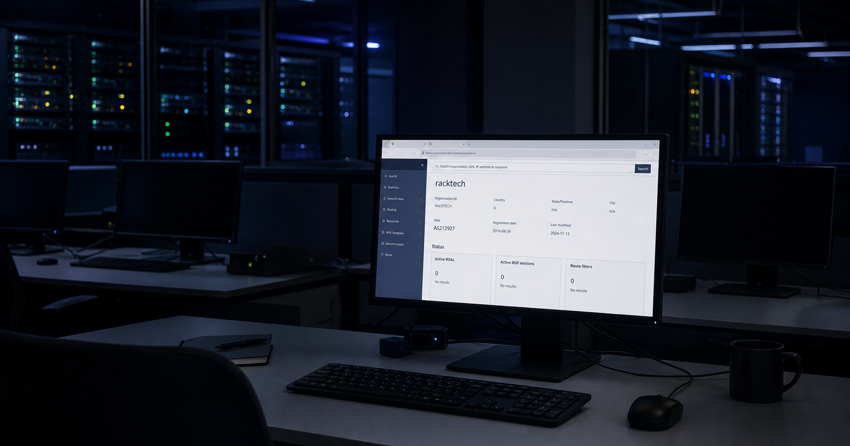A dimly lit network operations center with a workstation screen displaying AS211027 details and 'No prefixes announced'.
