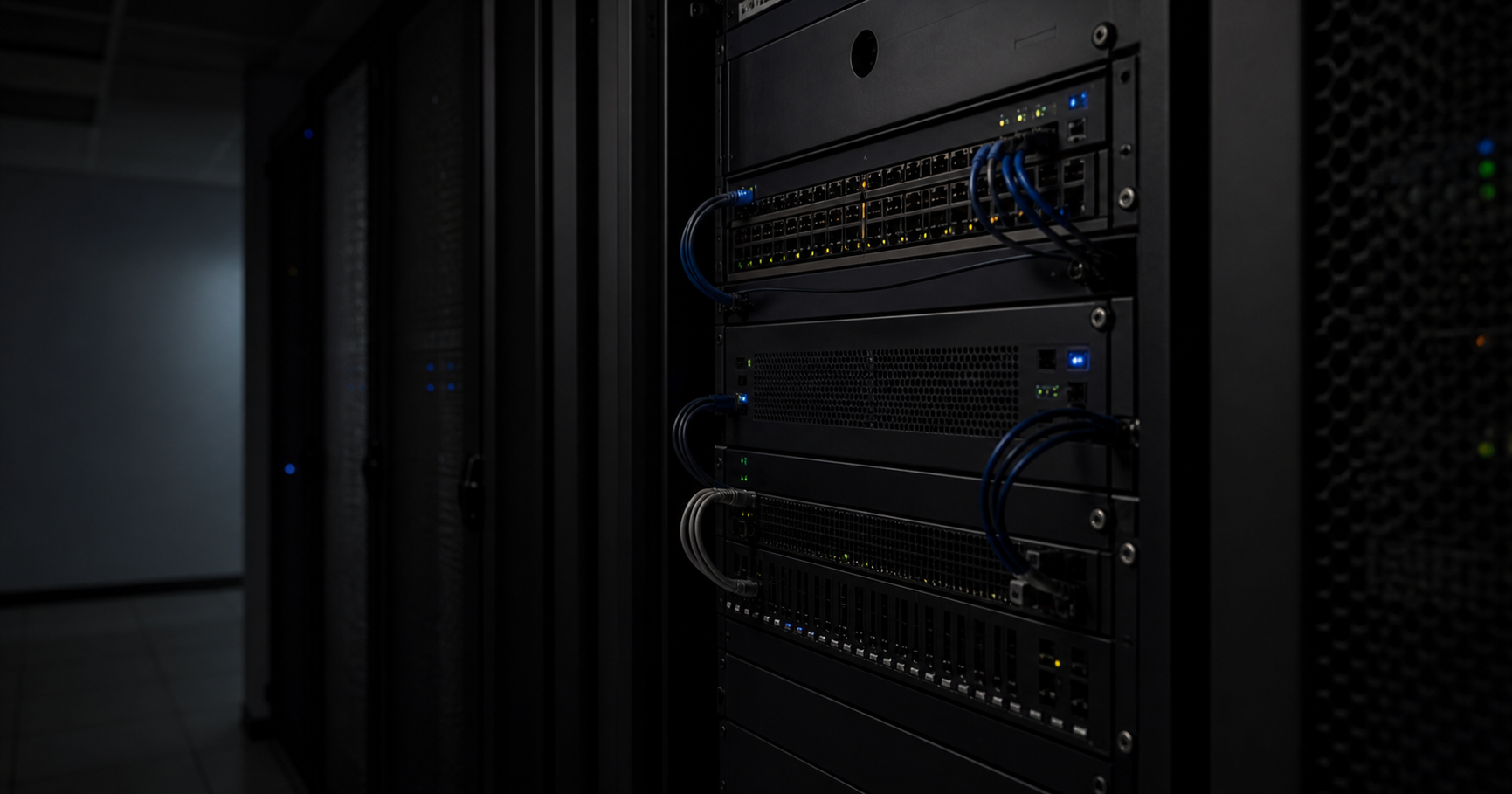 A dimly lit server room with a single rack of networking equipment, one LED blinking.