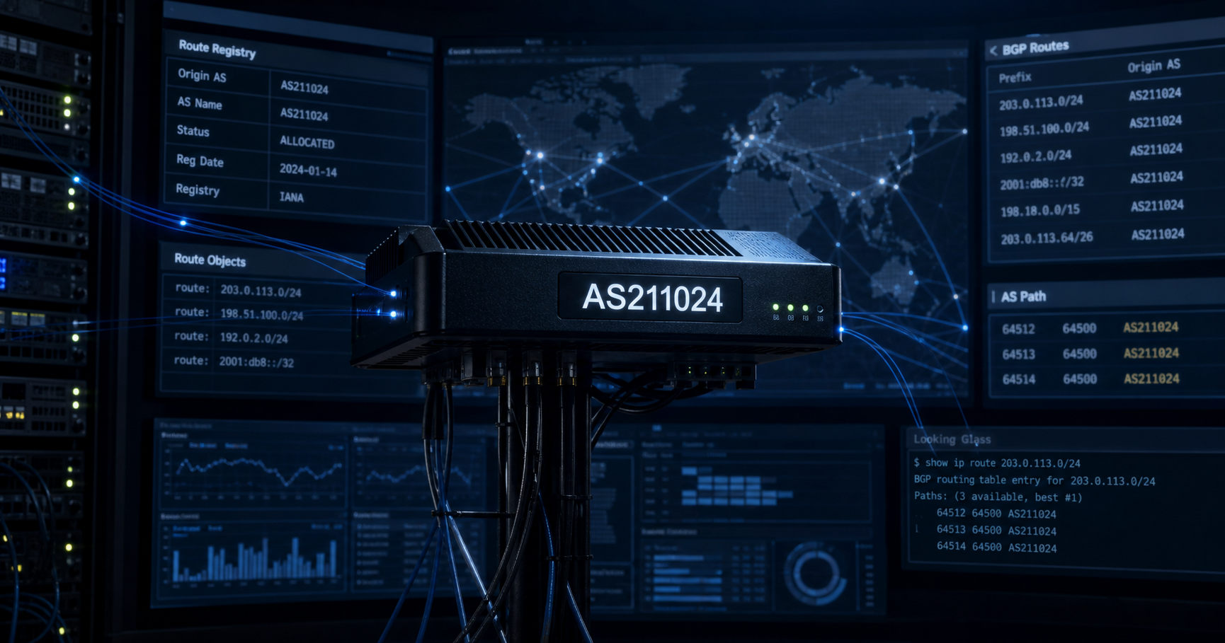 Abstract digital illustration showing a minimalist autonomous system node labeled AS211024 over a dark operations-center background, surrounded by registry data panels and faint network connection lines.
