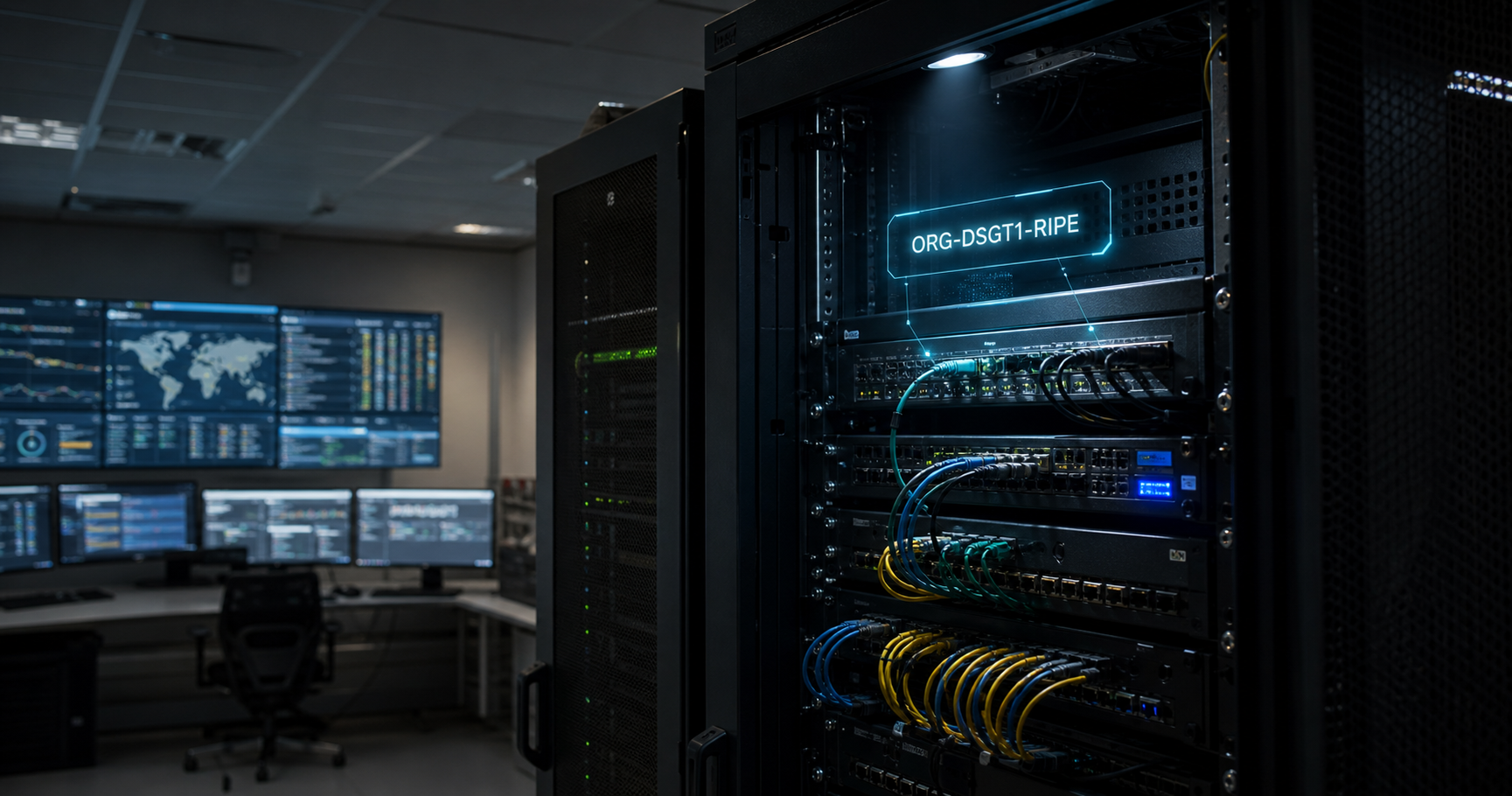 A dark network operations center with a rack labeled ORG-DSGT1-RIPE, glowing lines extending into a foggy map, symbolizing hidden control over AS211023 routing.