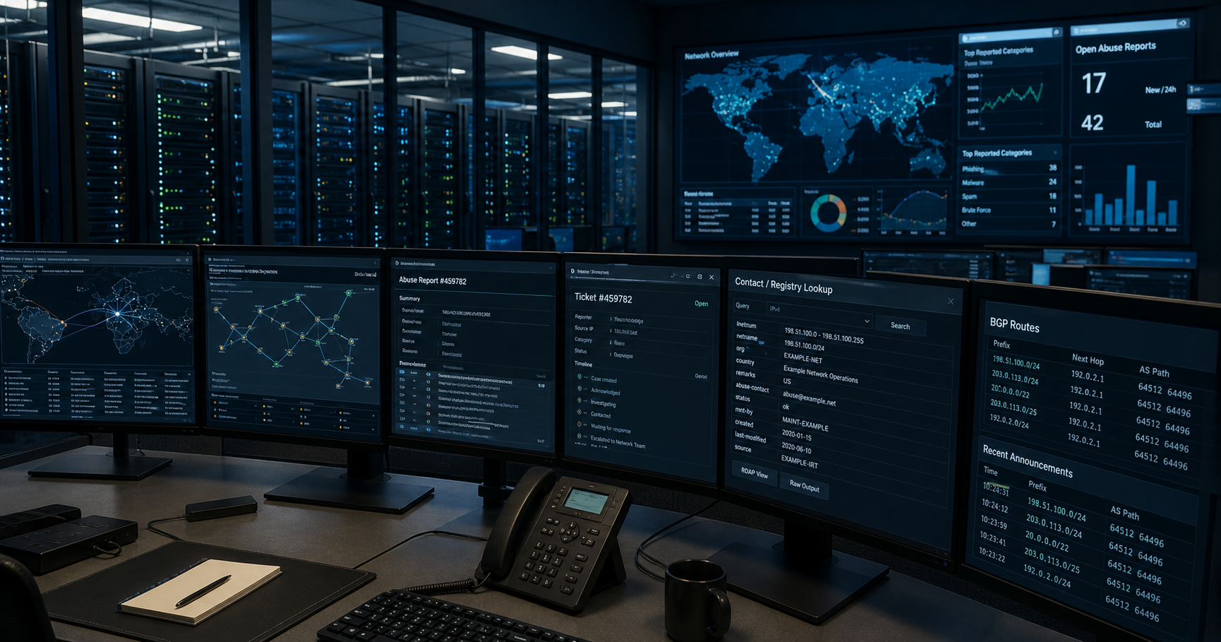 A network operations center illustration with a routing map labeled AS211019 and an incident report intake icon, symbolizing the registry abuse contact role.