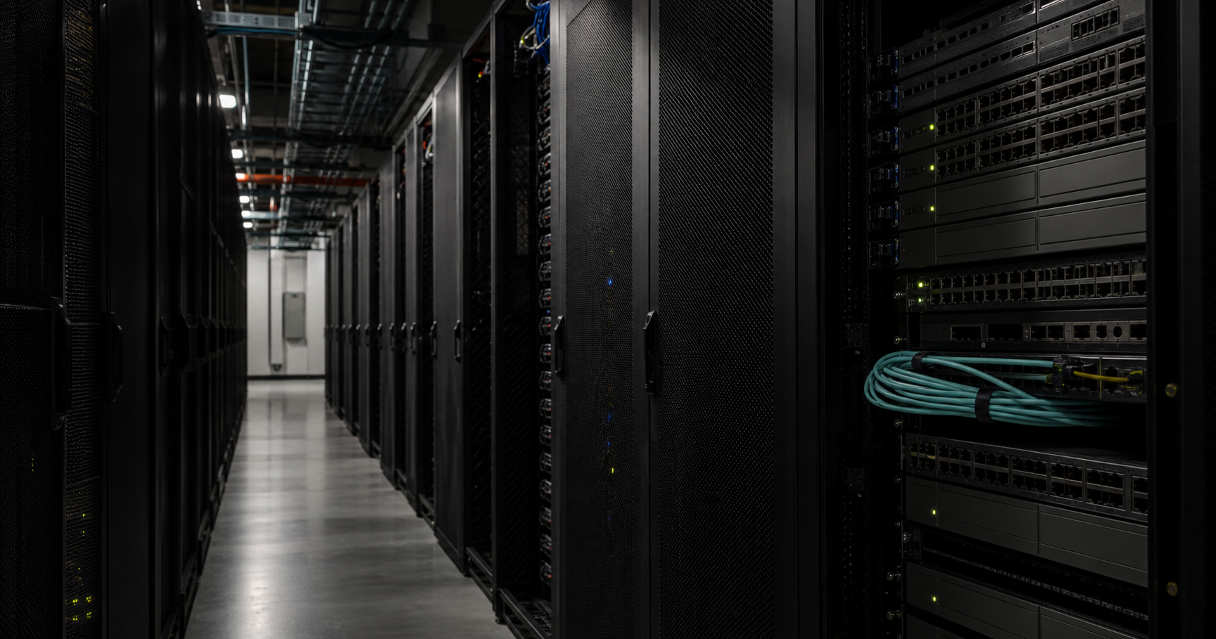 A dimly lit data center corridor with a single glowing server rack, an unplugged fiber cable hanging from a switch port, symbolizing a dormant autonomous system awaiting activation.