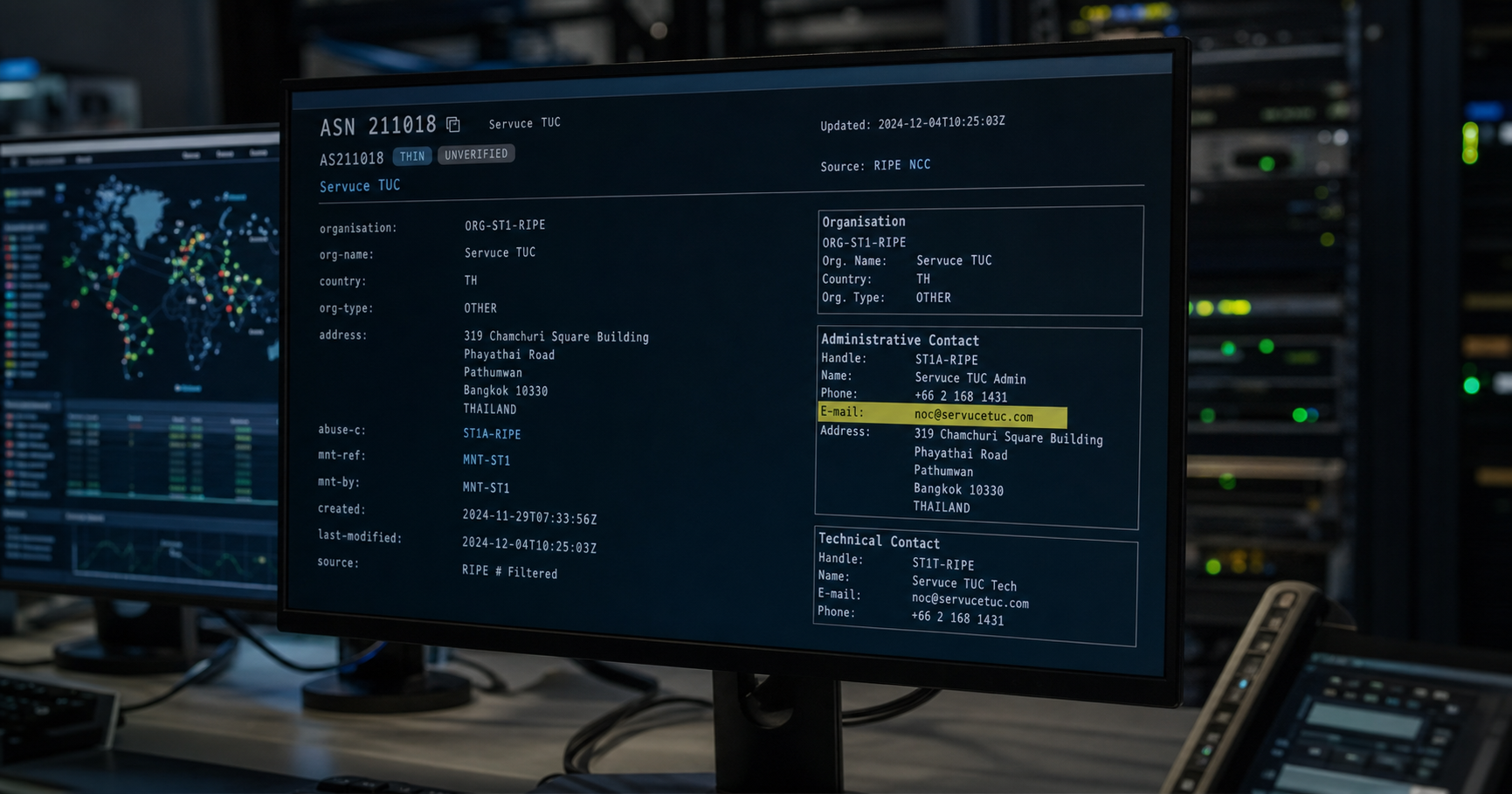 A screen displaying RIPE whois record for ASN 211018 showing contact handle Servuce TUC.