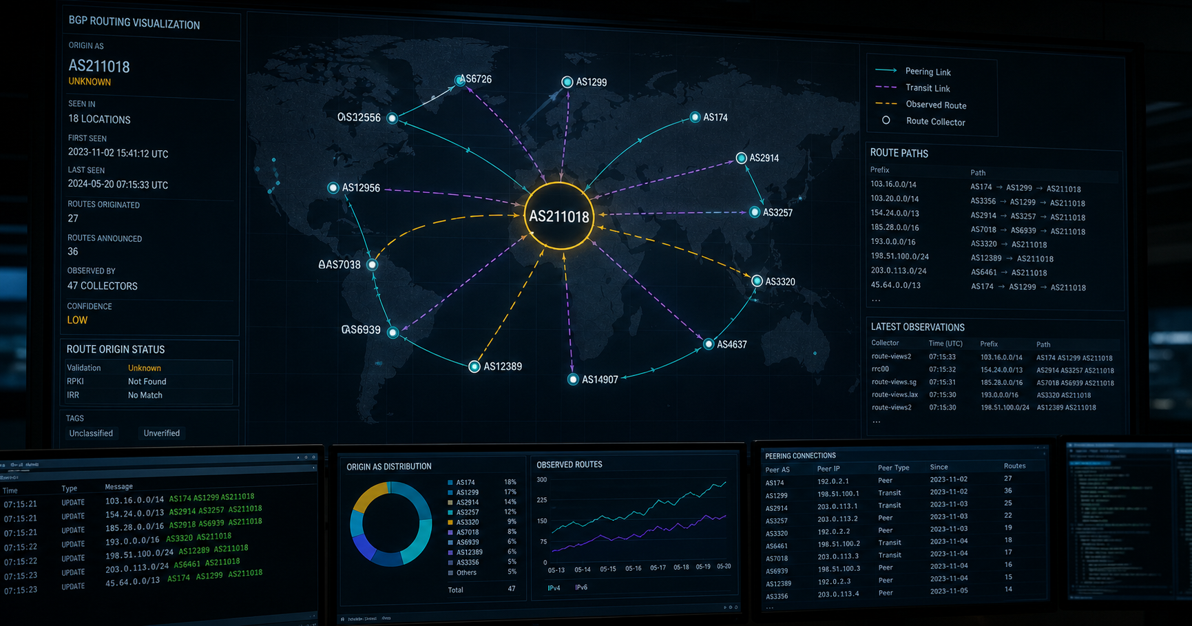 AI-generated editorial image for VDL showing the public operating context described by verified sources: Public registry and routing records associate VDL with AS211018, placing it in the internet-routing ecosystem as a visible but uncharacterised party.