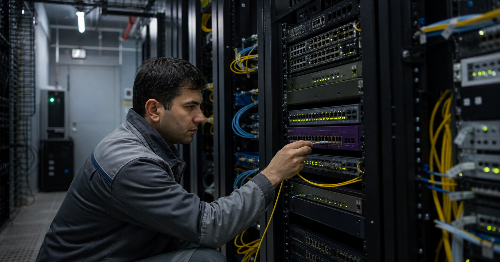 A technician in a quiet server room connects a fiber optic cable to a switch, with a Ukrainian city skyline visible through a window at dusk.