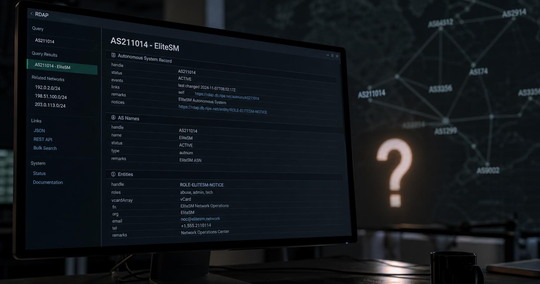 Editorial illustration of a registry interface screen showing AS211014 details with network topology lines in the background and a question mark overlay, representing unconfirmed operational status.