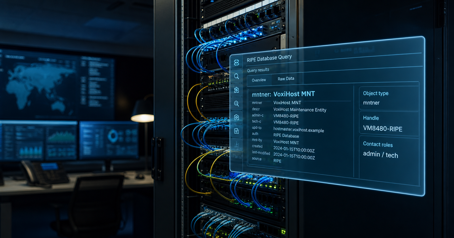 An editorial visualization of a network registry contact: glowing fiber-optic lines connect to a server rack, while a translucent RIPE database query result shows the handle VM8480-RIPE and the admin/tech roles, symbolizing the contact point in internet infrastructure.