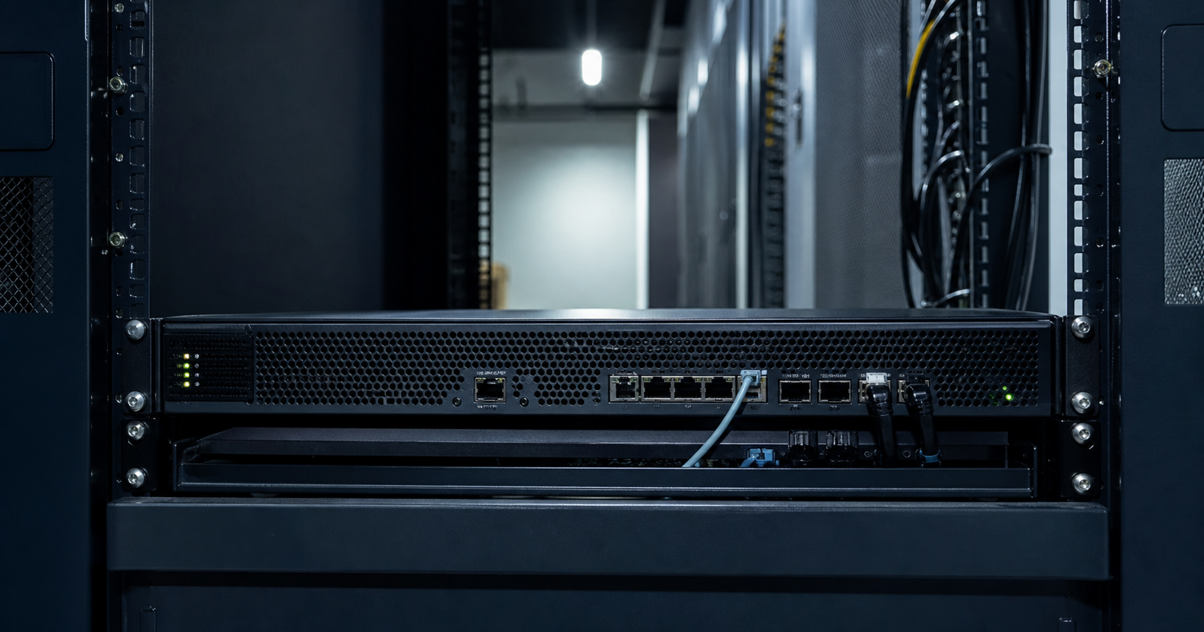 A dimly lit network operations center with a single rack-mounted router.
