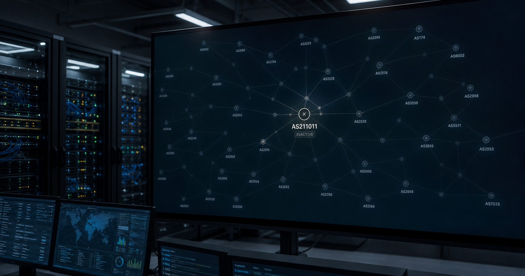 Abstract network visual representing a dormant autonomous system number with no active routes, over a dark cyber landscape.