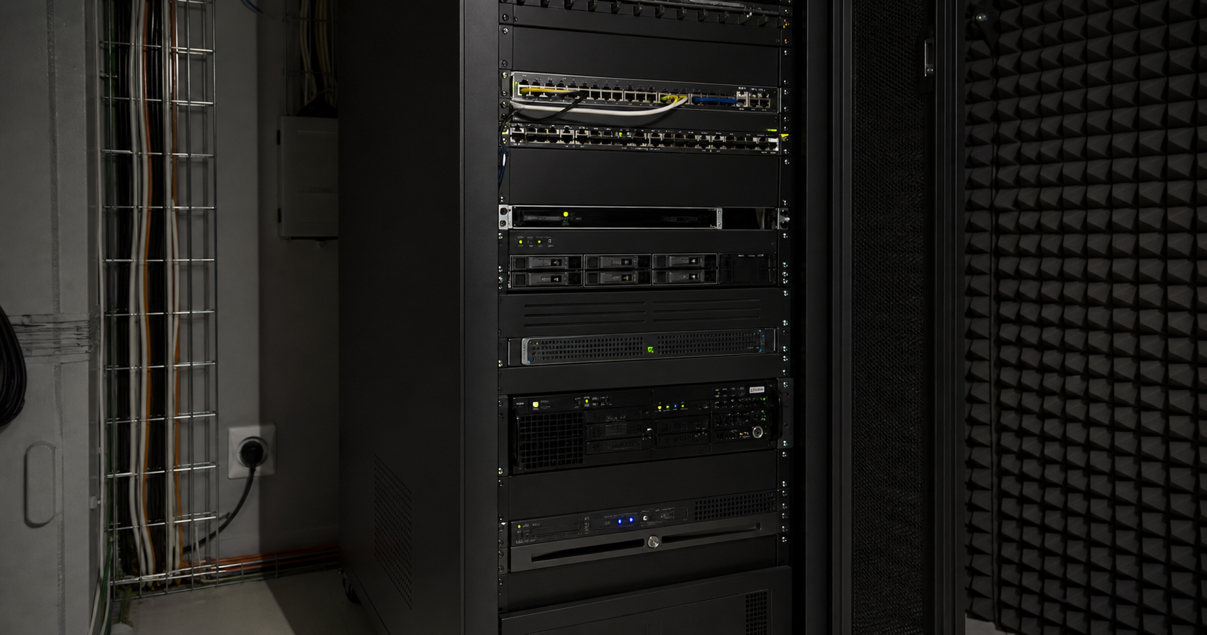A server rack in a dark room with glowing green LED lights and organized cables, suggesting dormant infrastructure awaiting activation.