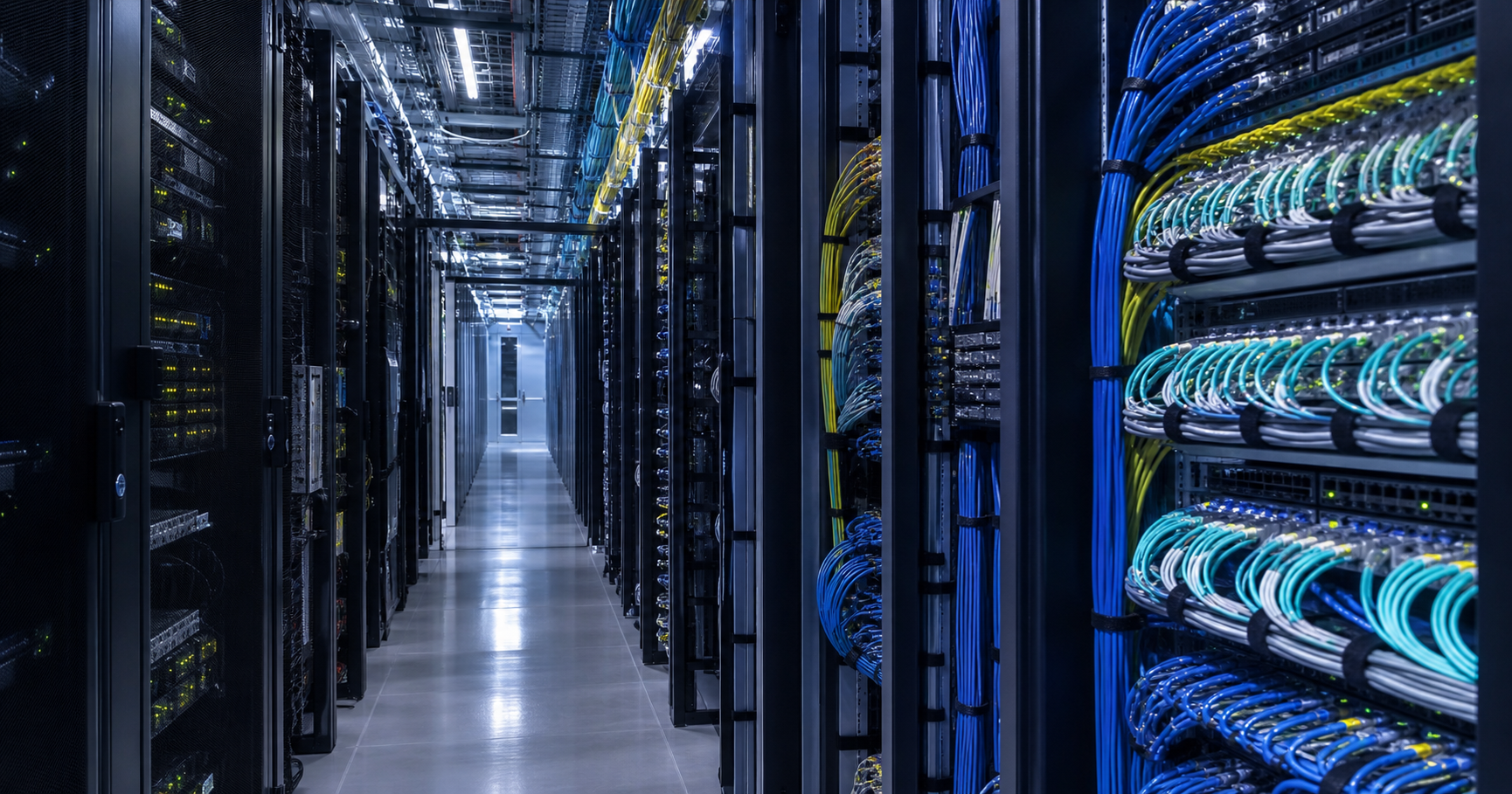 A stylized network operations center with fiber optic cables and server racks, representing internet infrastructure and registry contact roles.