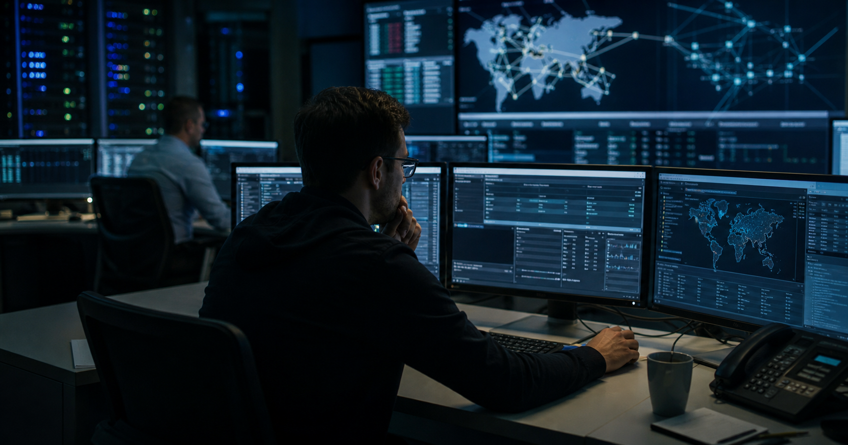 A dimly lit network operations center with an RDAP lookup for AS211003 displayed on a monitor, highlighting the contact name Finn Linsbauer in an otherwise empty room, symbolizing uncertainty.