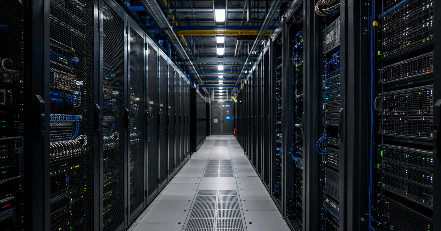 A generic network infrastructure corridor with racks of equipment, representing the registry contact's presence in internet infrastructure without implying a specific company or location.
