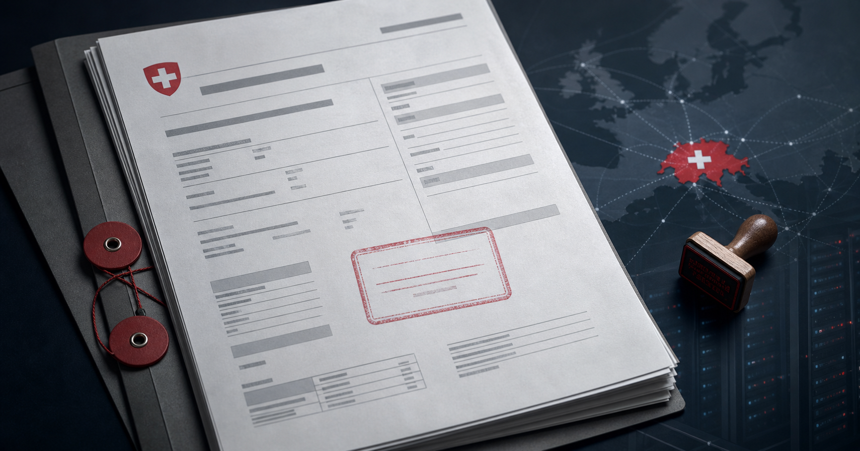 A minimalist digital illustration of a Swiss registry document overlaid on a dark networked background, with the text 'SPS Switzerland AG' and 'AS210998', partially dimmed to symbolize absence of operational data.