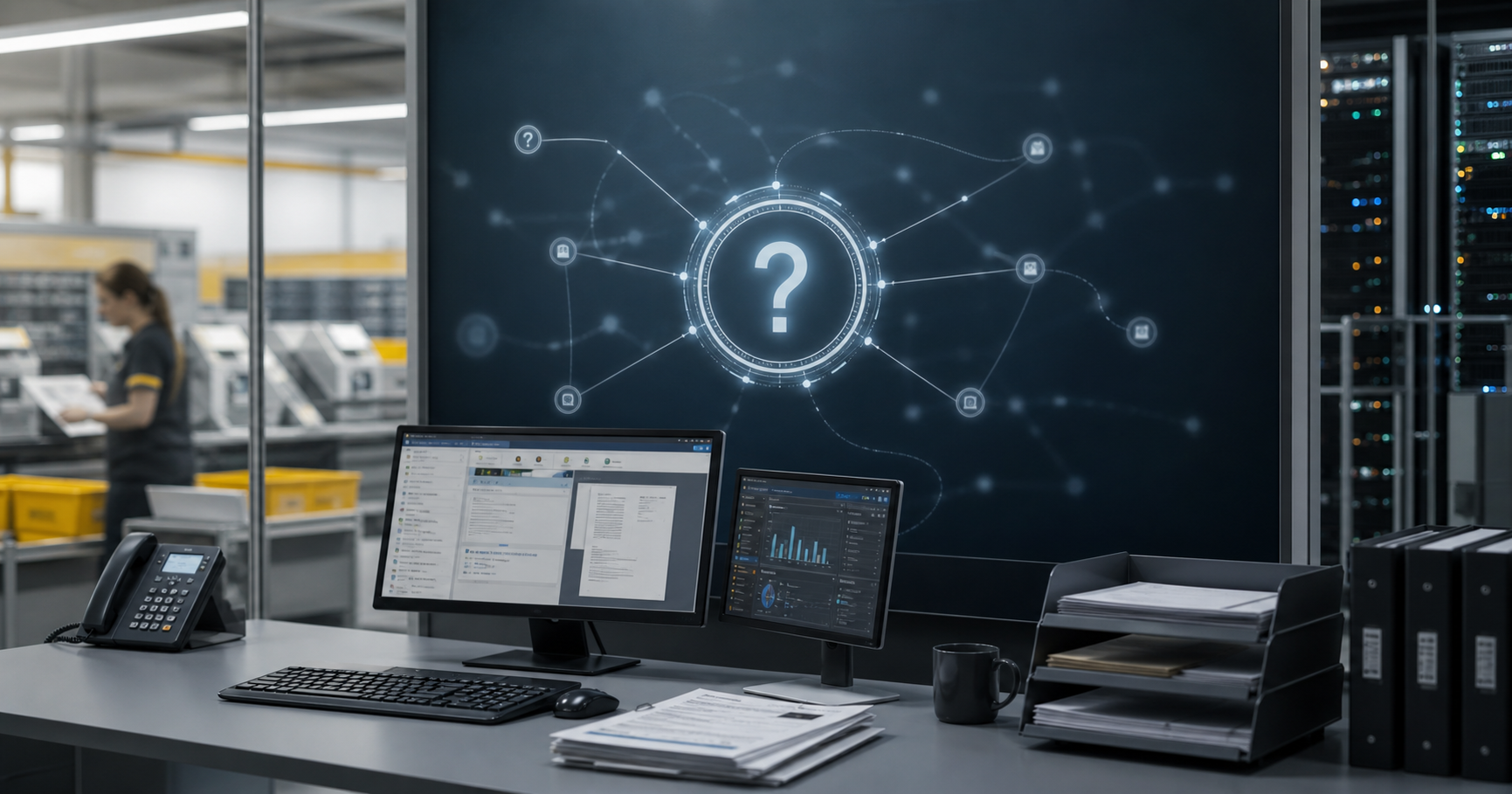 An abstract network node with a pulsing question mark, symbolizing the uncertain identity and operational status of SWISSPOSTSOLUTION.