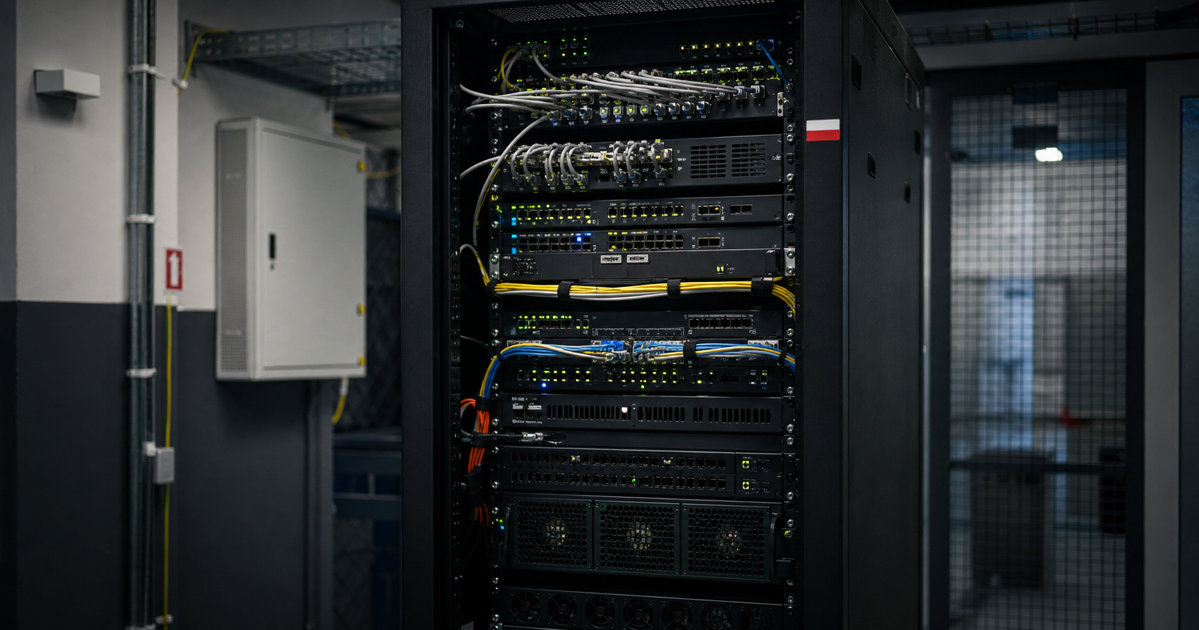 A dark server room with a single rack of network equipment, a glowing fiber optic cable leading to a digital map of Europe with a highlighted dot over Poland, symbolizing SCTECH Sp.