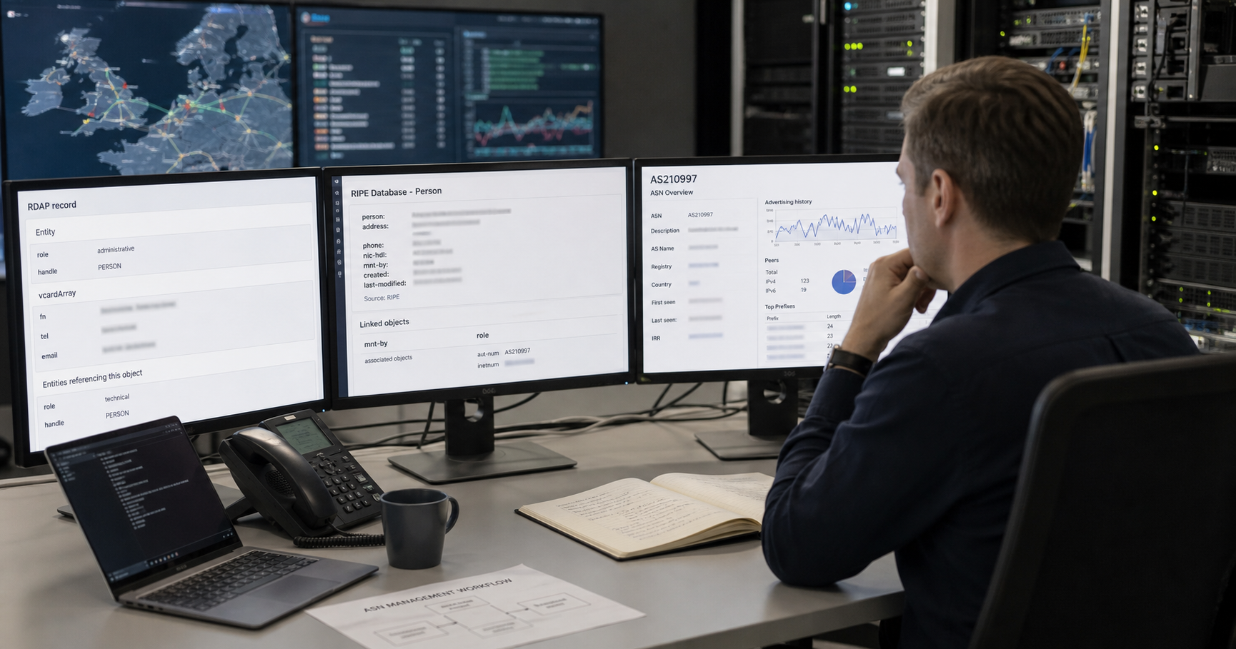 A network engineer monitoring routing and registry data in an operations center, symbolizing the contact role of maintaining internet infrastructure records.