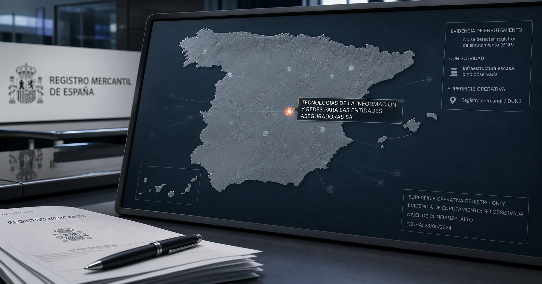 A conceptual illustration of a network node labeled 'TECNOLOGIAS DE LA INFORMACION Y REDES PARA LAS ENTIDADES ASEGURADORAS SA' connected to a RIPE NCC registry document, over a faded map of Spain, symbolizing the entity's registry-based identity without active routing.