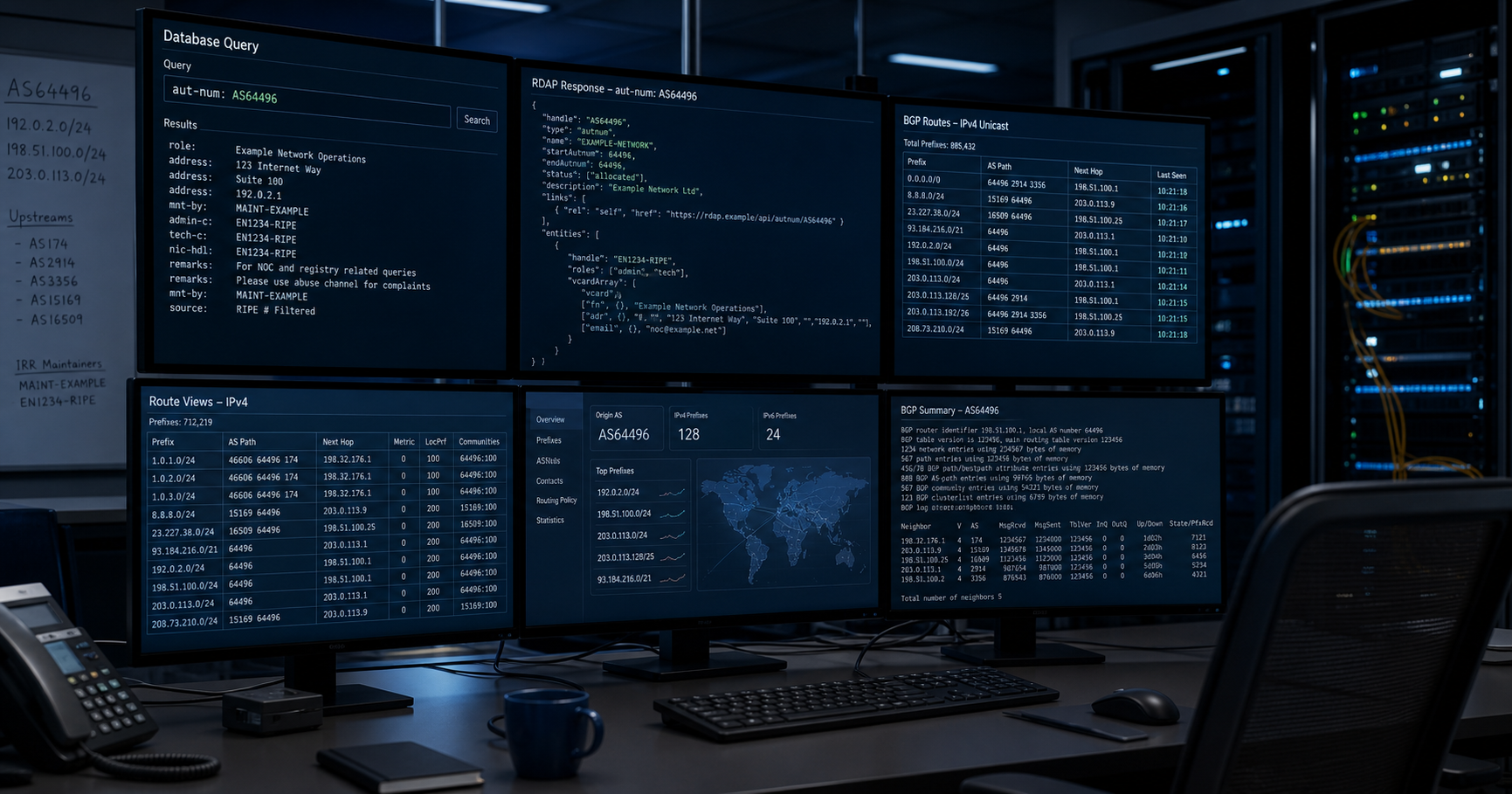 A network operations center with screens showing registry query interfaces and routing tables, illustrating the technical context of internet number resource administration.