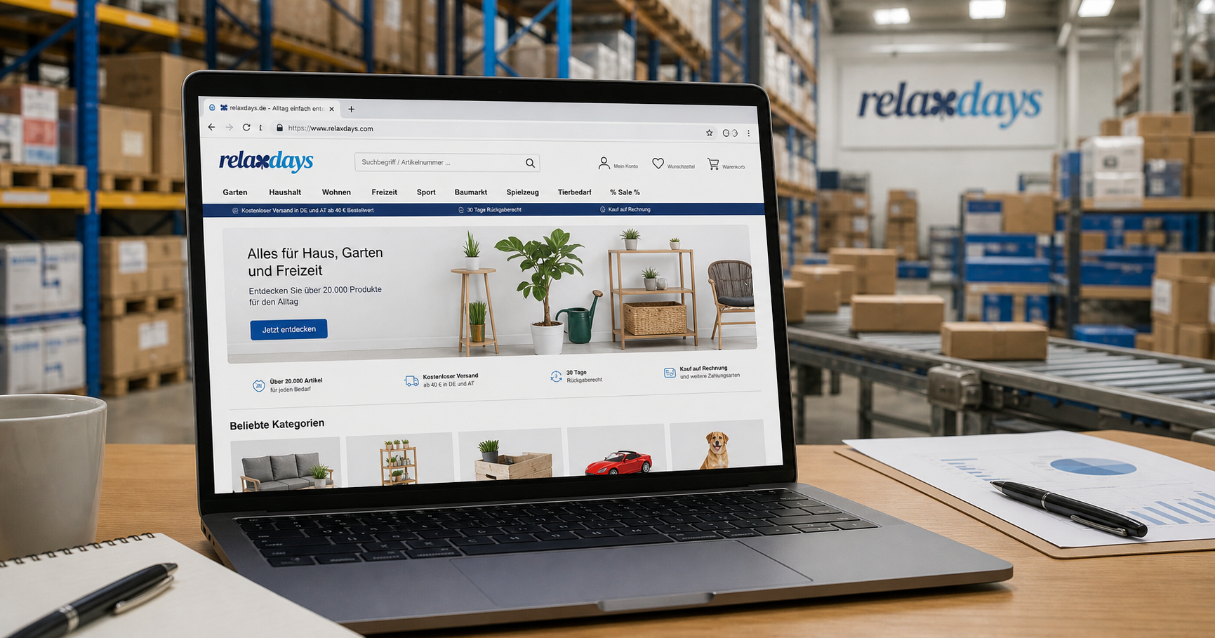 Editorial illustration showing the relaxdays.com homepage on a laptop screen with subtle logistics warehouse background, conveying e-commerce and infrastructure monitoring without revealing sensitive details.