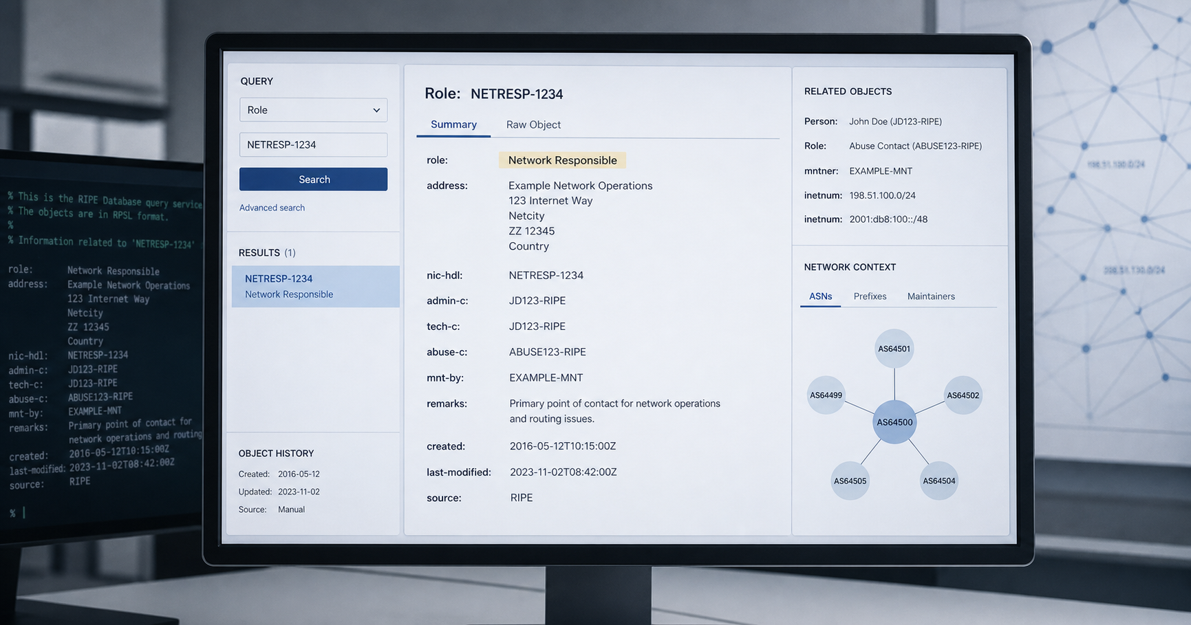 Abstract visualization of a RIPE database role object entry with network nodes in the background.