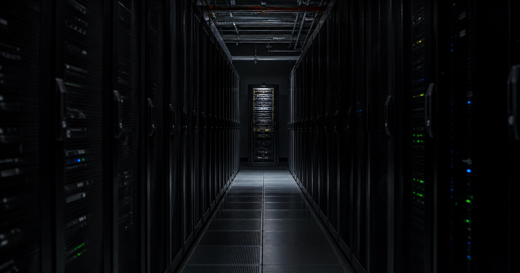 A dimly lit data center corridor with a solitary server rack in the distance.