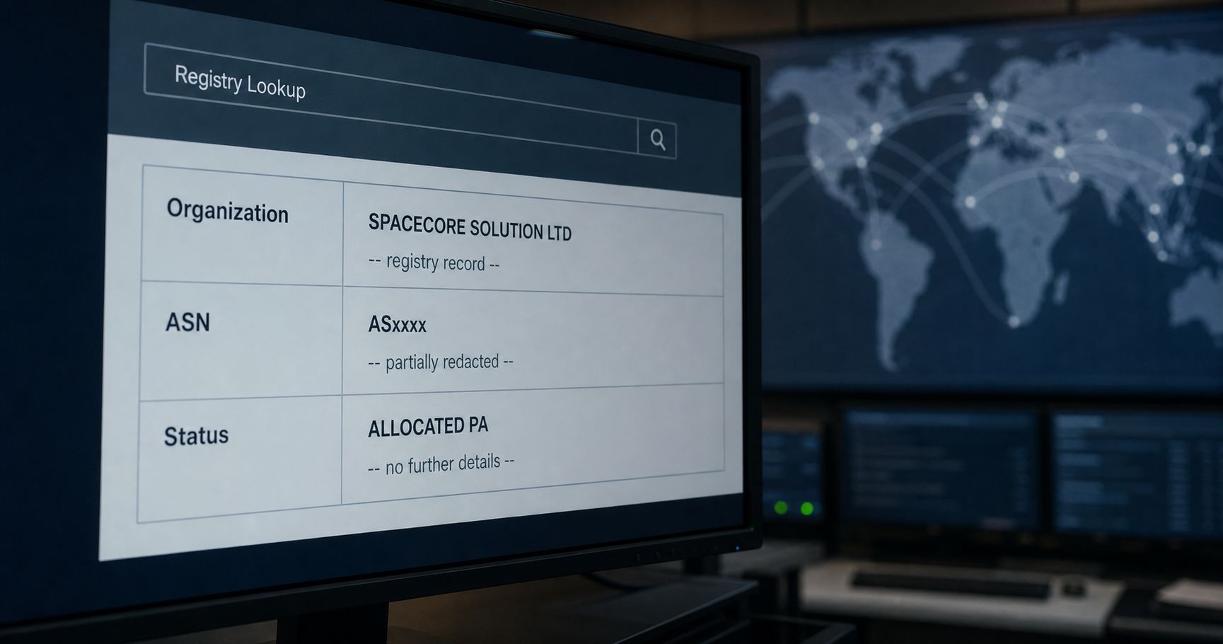 A neutral illustration of a network registry entry referencing AS210993 and the name SPACECORE SOLUTION LTD, with generic data-center or routing-map aesthetic.