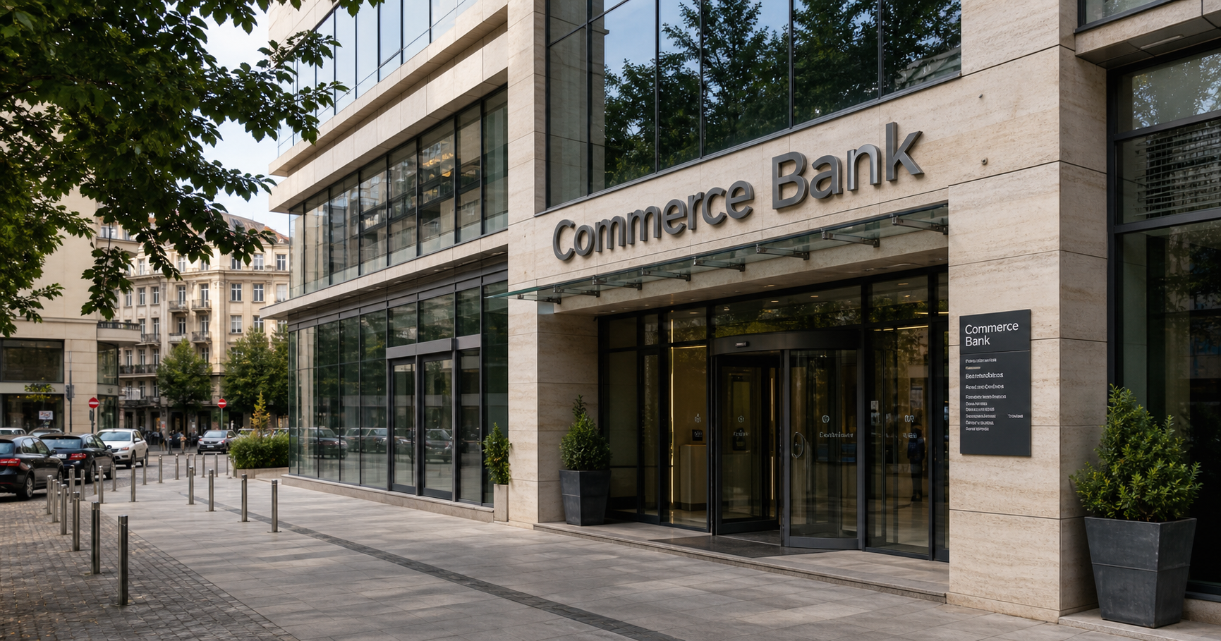 Exterior view of Commerce Bank AD building in Sofia with subtle network infrastructure motifs.