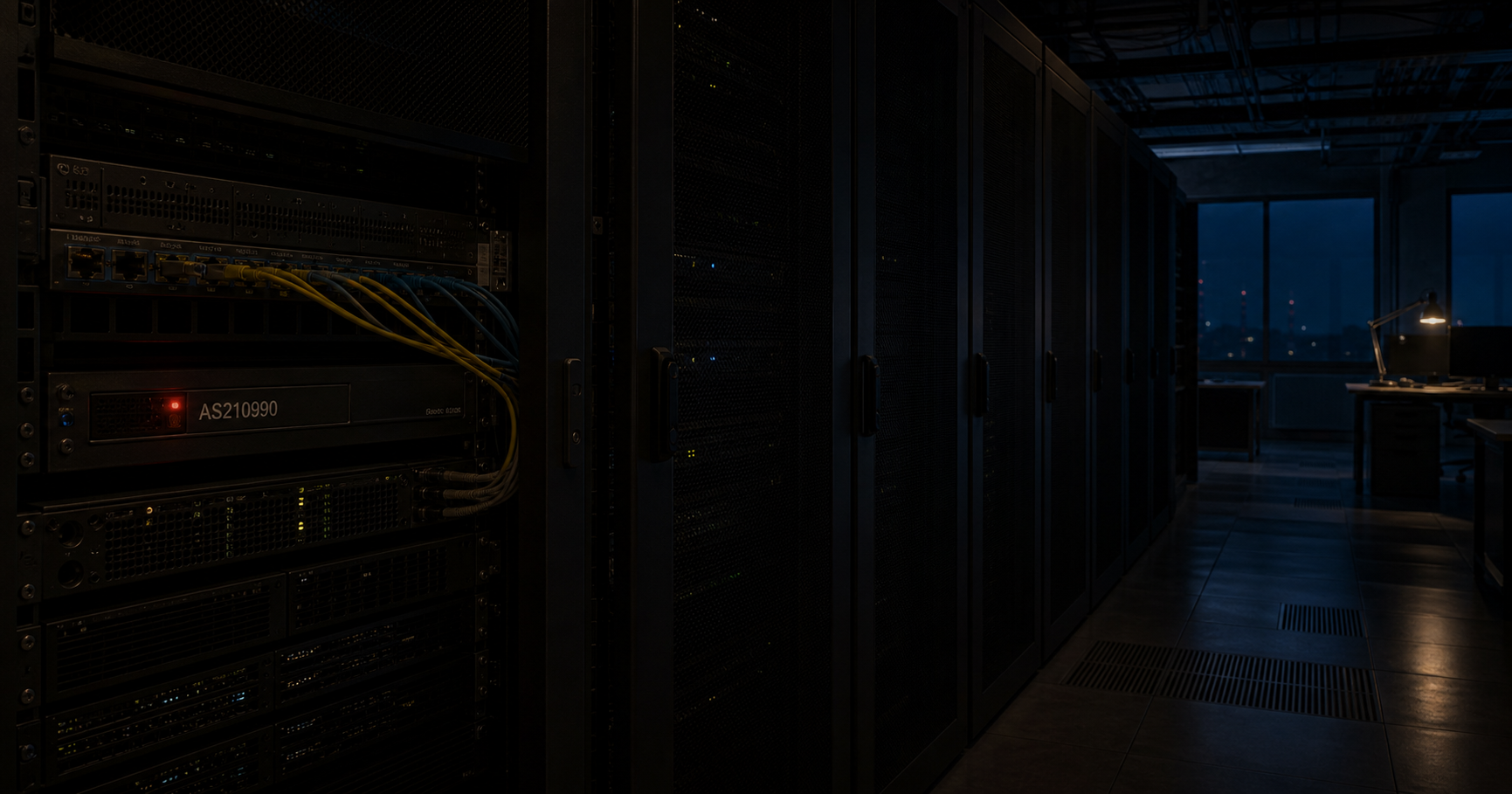 Abstract depiction of an inactive network node with dormant fiber connections and an empty routing console, symbolizing a registry placeholder entity with no active internet presence.
