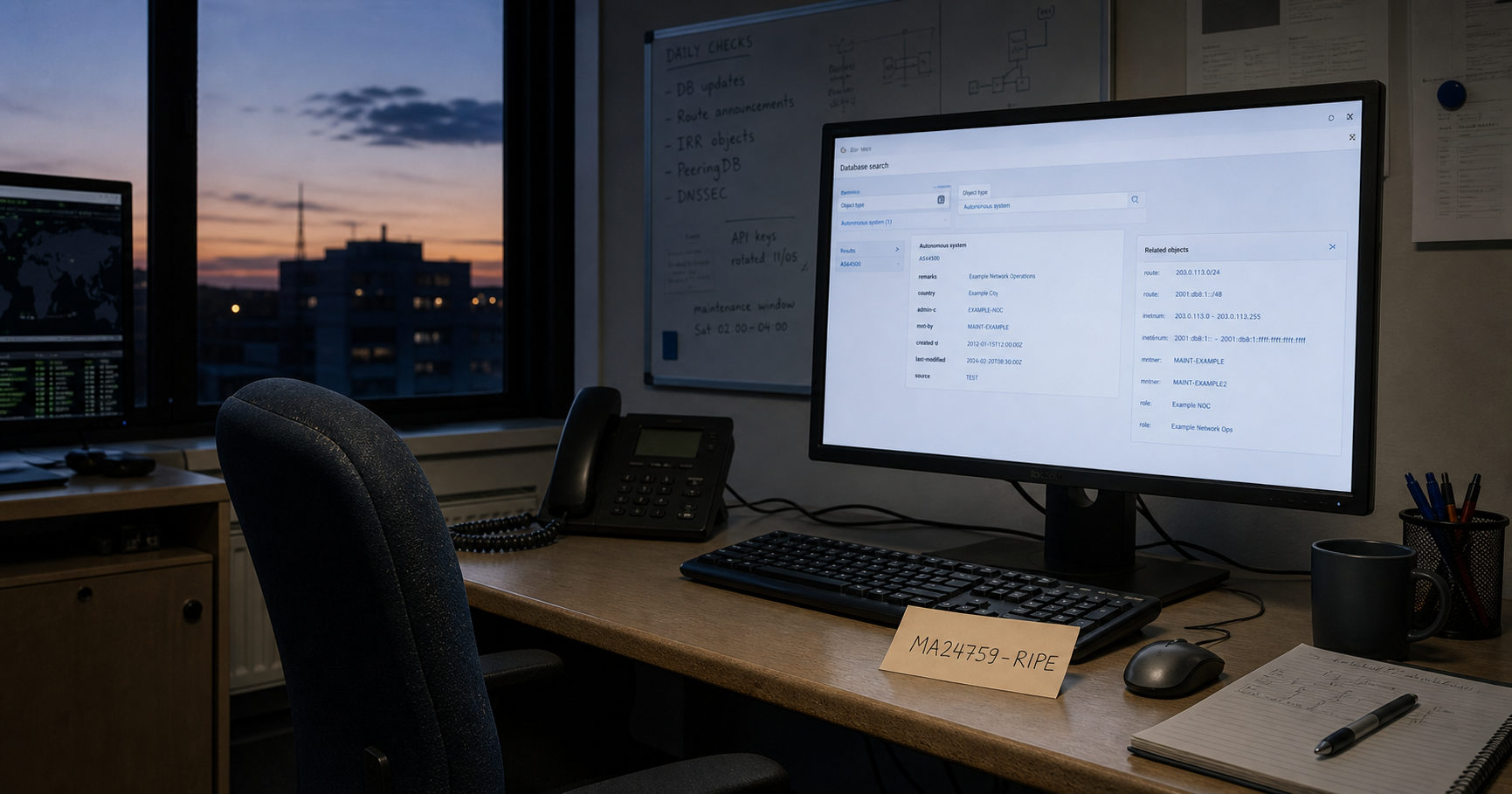 A dimly lit network operations workstation with a monitor displaying a RIPE database query, a handwritten note with 'MA24759-RIPE', and a worn office chair.