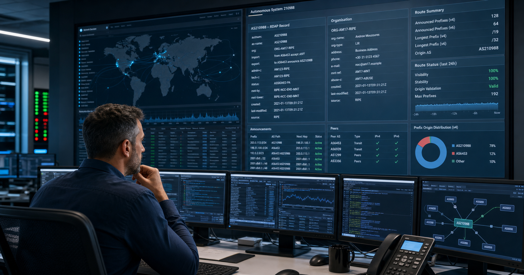 Andrew Mouzoures monitoring the AS210988 registry node in a futuristic NOC, with network data streams and abuse alerts surrounding him.