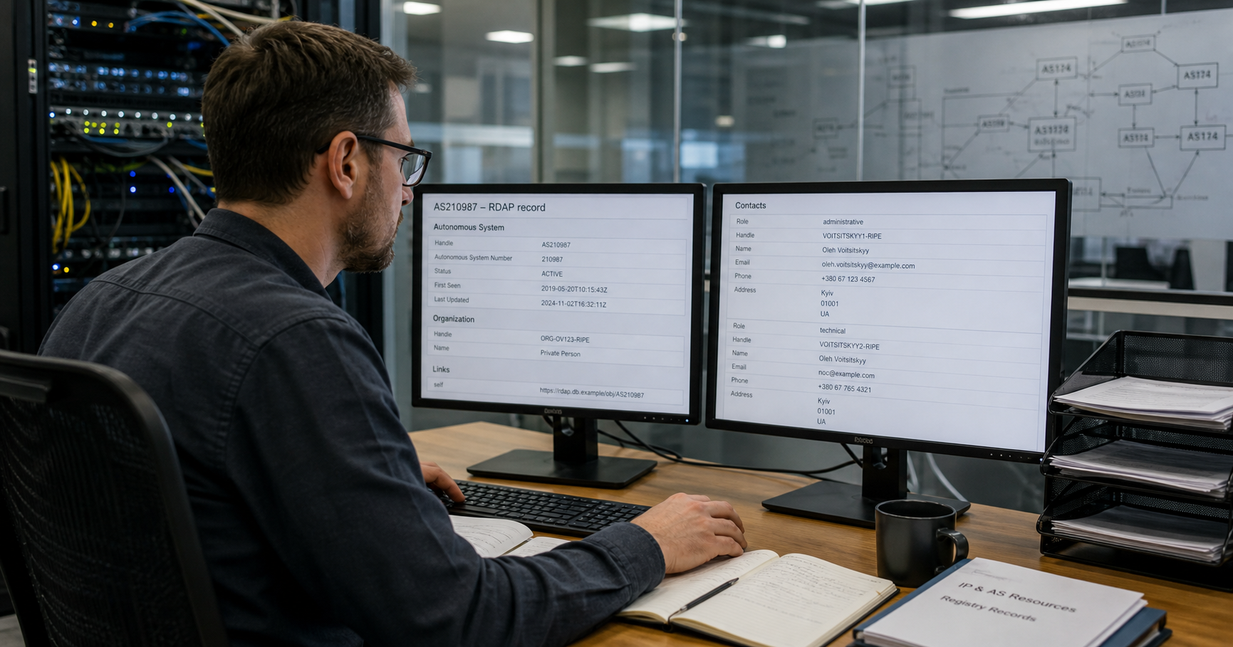 Partial RDAP record showing the administrative contact Oleh Voitsitskyy for AS210987 on a screen in a network operations center.