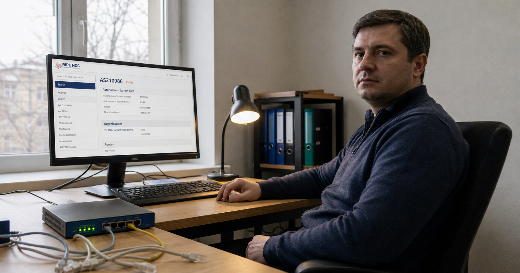 A person in a home office looking at a monitor showing the RIPE NCC database entry for AS210986, with an inactive router in the background.