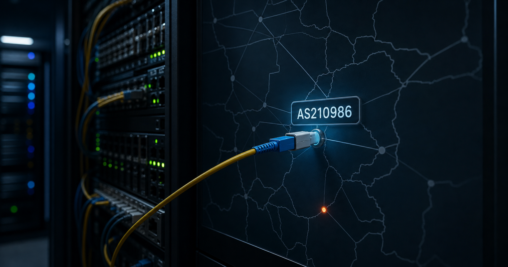 Abstract network infrastructure scene with fiber optic cables and glowing route lines on a dark background, representing the latent routing potential of a registry-only entity.