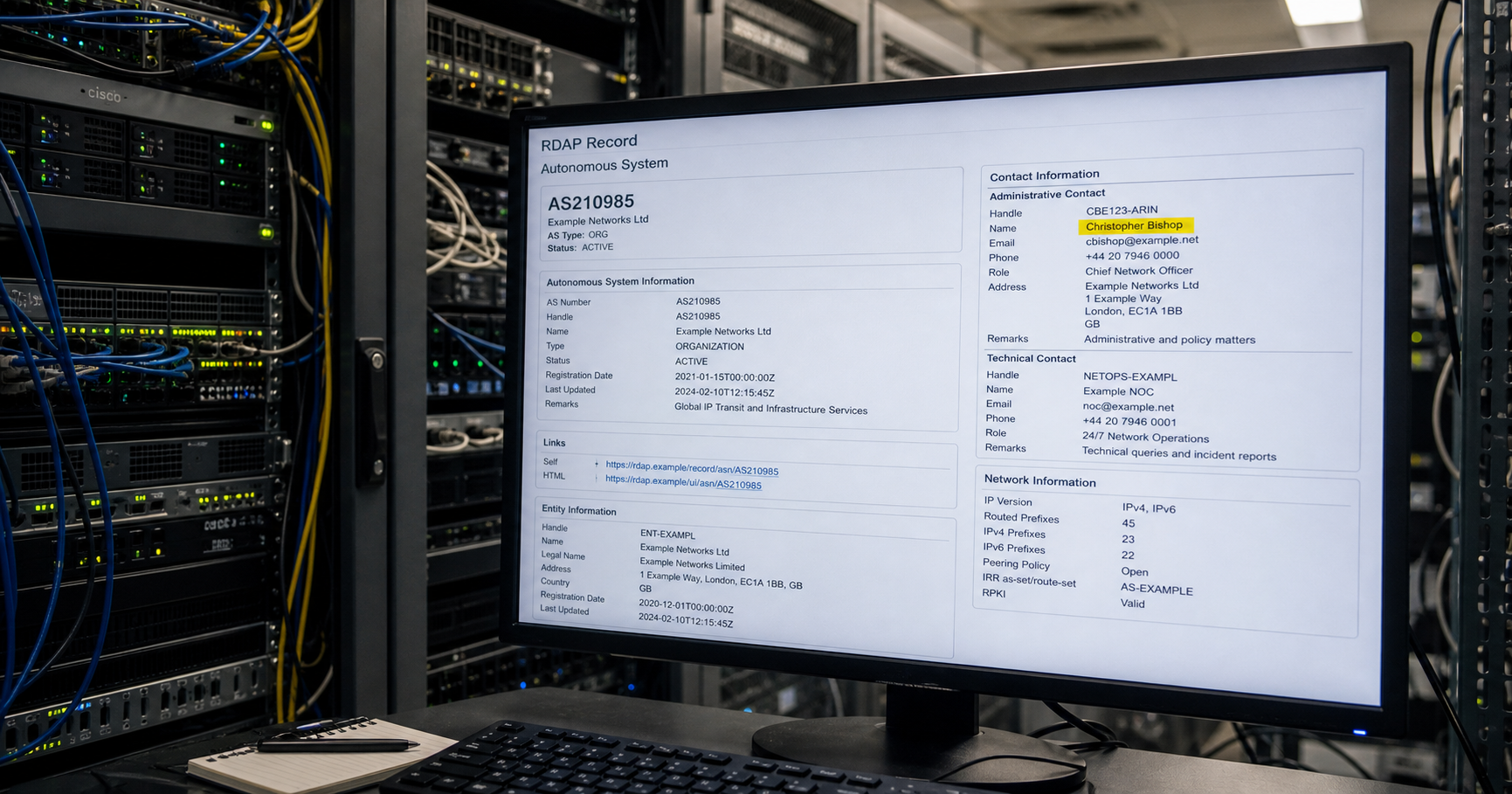 A dimly lit server room with a glowing screen displaying a registry record highlighting the contact name 'Christopher Bishop'.
