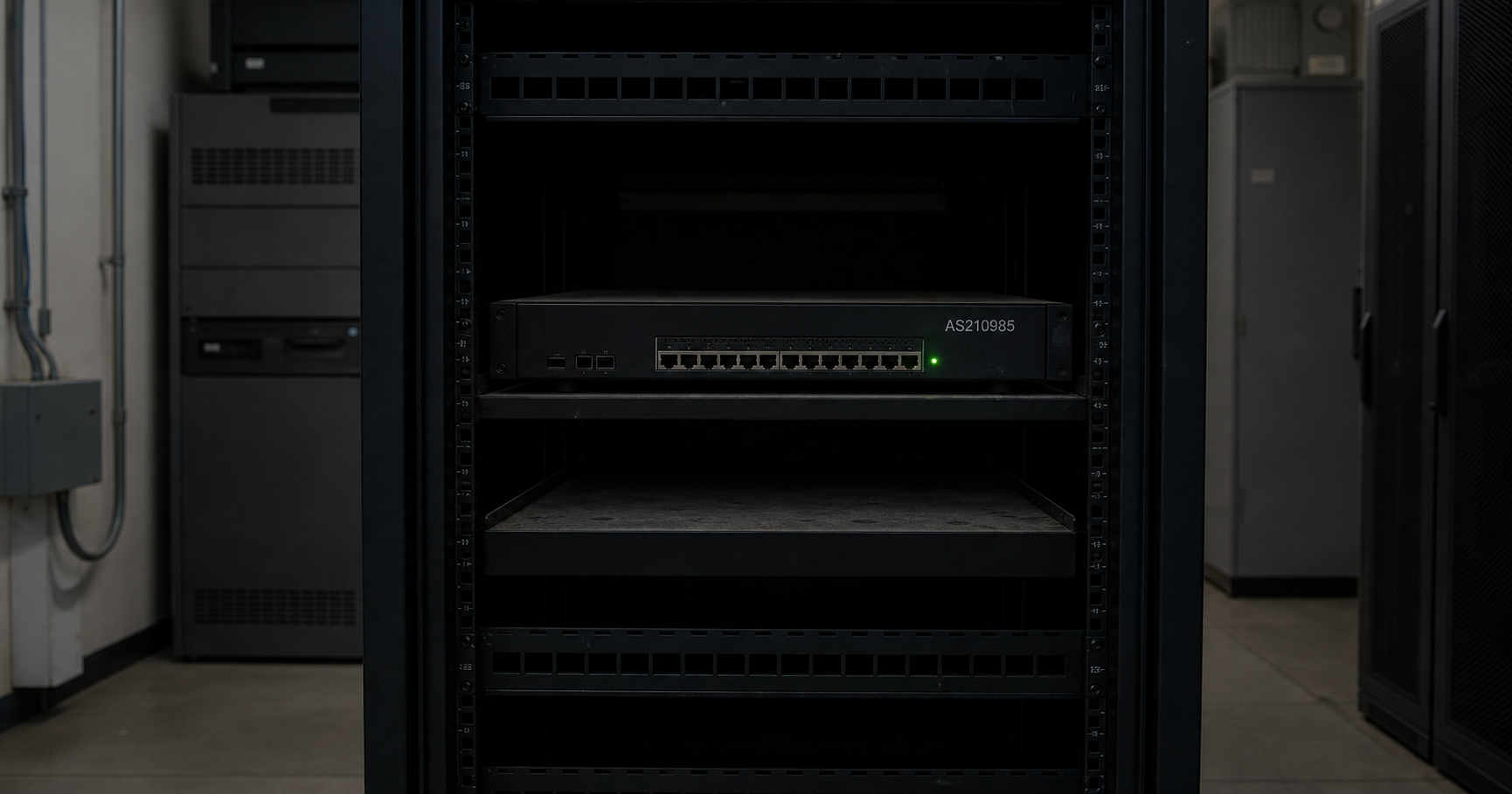 A dark, silent network room with a single rack, one green LED glowing on a router port labeled AS210985, no cables connected.