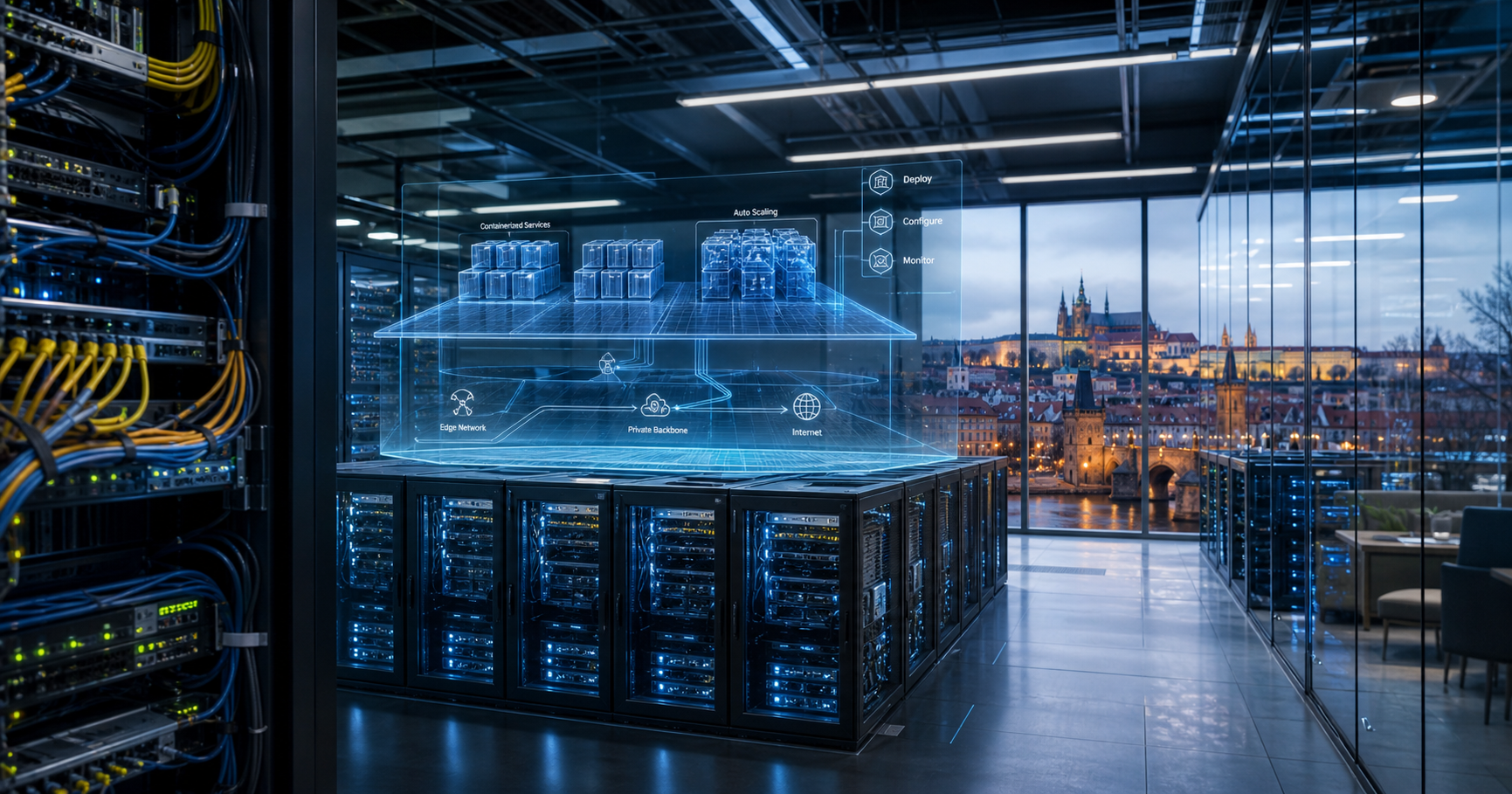 Abstract editorial illustration of a cloud platform hub with application containers and illuminated network pathways, representing Zerops s.r.o.'s cloud services and AS210984 network presence.