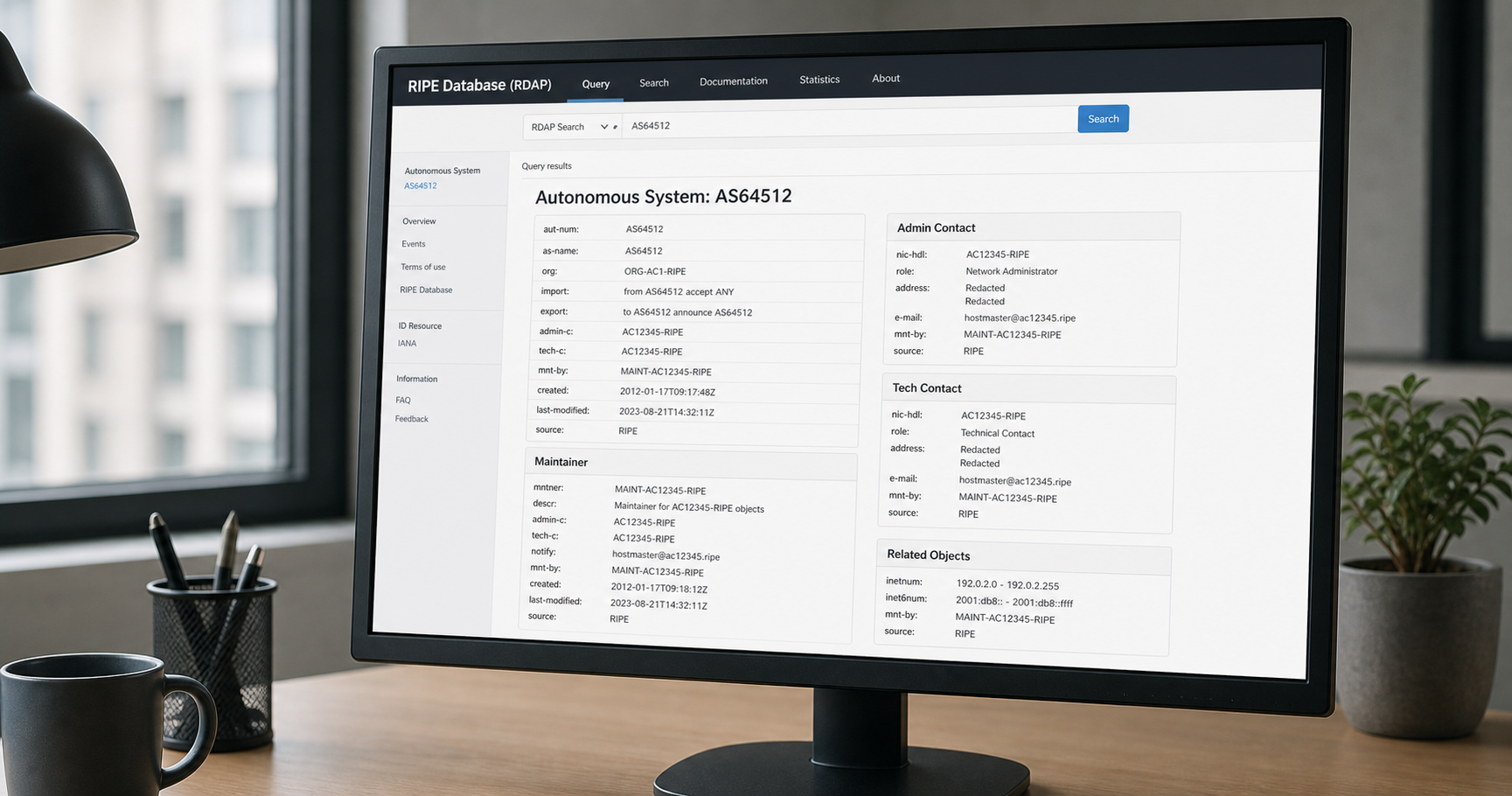 Illustration of a public internet registry record interface displaying admin and tech contact fields and handle AC44351-RIPE.