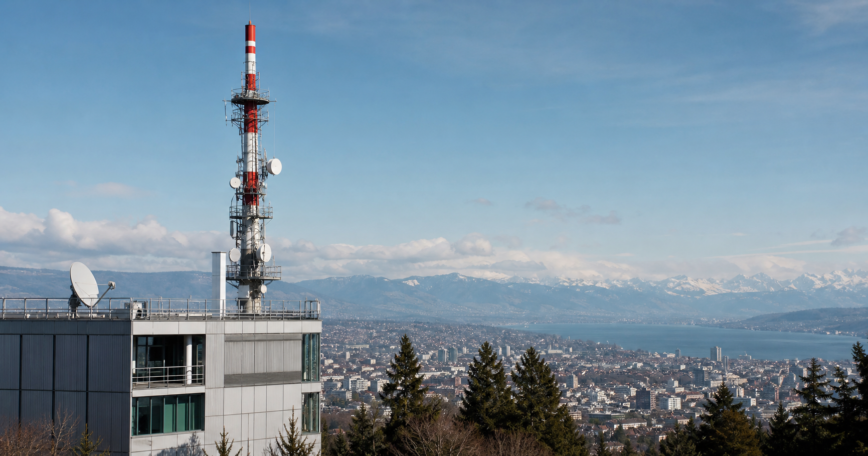AI-generated editorial image for Digris AG showing the public operating context described by verified sources: Digris AG publicly presents itself as a DAB+ network operator in Switzerland.
