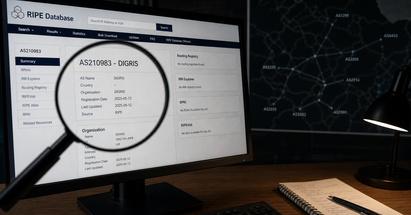AI-generated editorial image for DIGRIS showing the public operating context described by verified sources: The only verifiable public role for DIGRIS is its registration as the named holder of AS210983 in the RIPE registry, which creates a monitoring surface for potential internet.