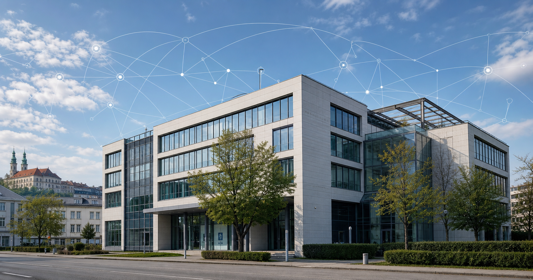 Exterior view of a modern commercial building in Linz, Austria, representing the registered address of aRanger GmbH, overlaid with abstract network routing lines to symbolize its ASN holding.
