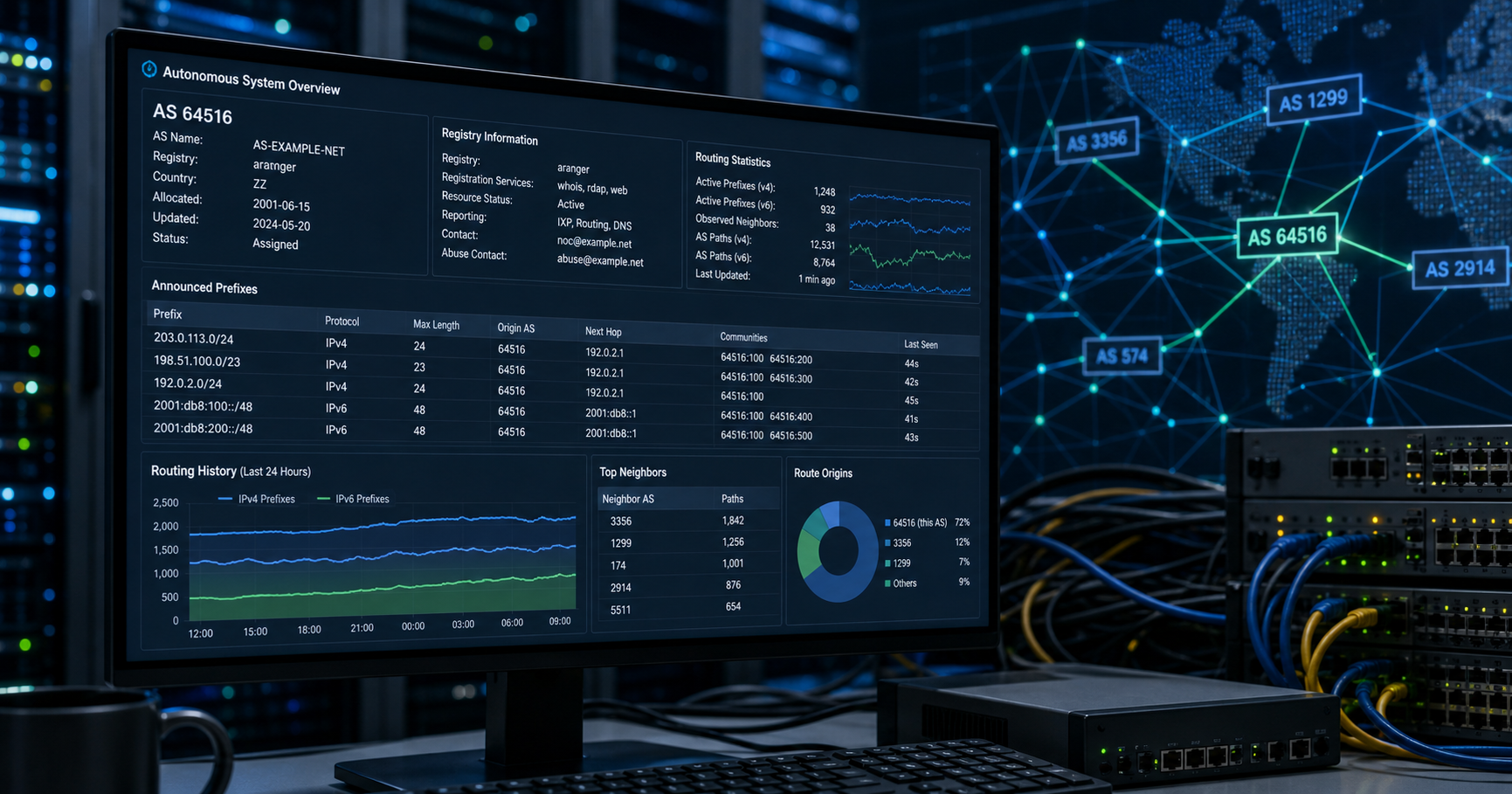 AI-generated editorial image for aranger showing the public operating context described by verified sources: aranger appears as the named registrant of autonomous system AS210982 in RIPE Network Coordination Centre (RIPE NCC) registry data, giving it a publicly visible operational.