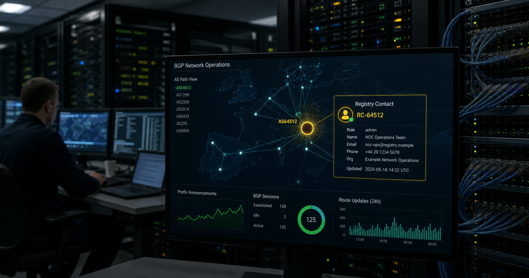 AI-generated editorial image for mehmet showing the public operating context described by verified sources: mehmet functions as a registry-level contact, allowing updates to the registration data for AS210981 through RIPE NCC procedures.